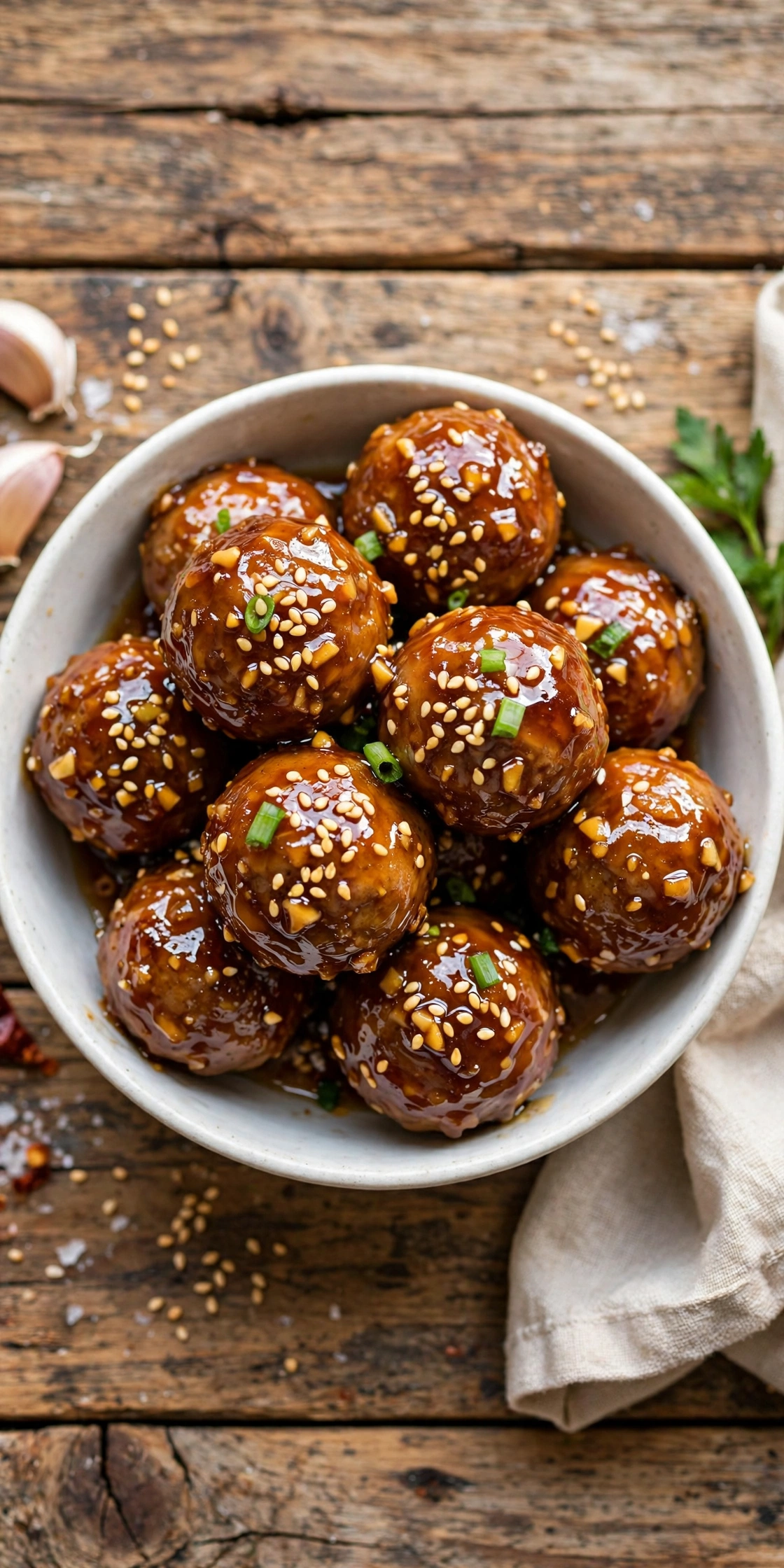 Close-up view of honey garlic meatballs in glossy sauce with sesame seeds and scallions
