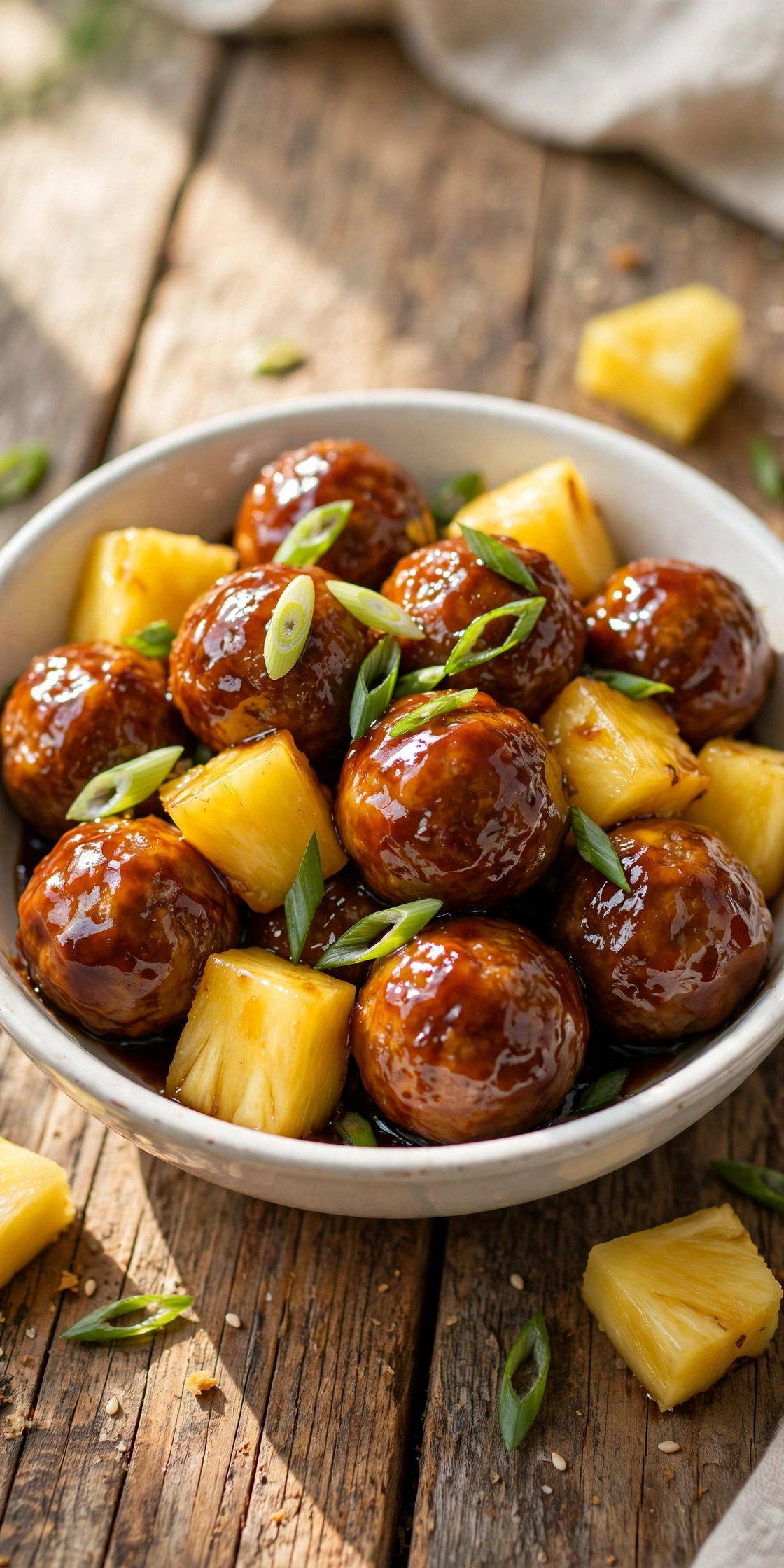 Side view of teriyaki pineapple meatballs with caramelized pineapple chunks and glossy glaze