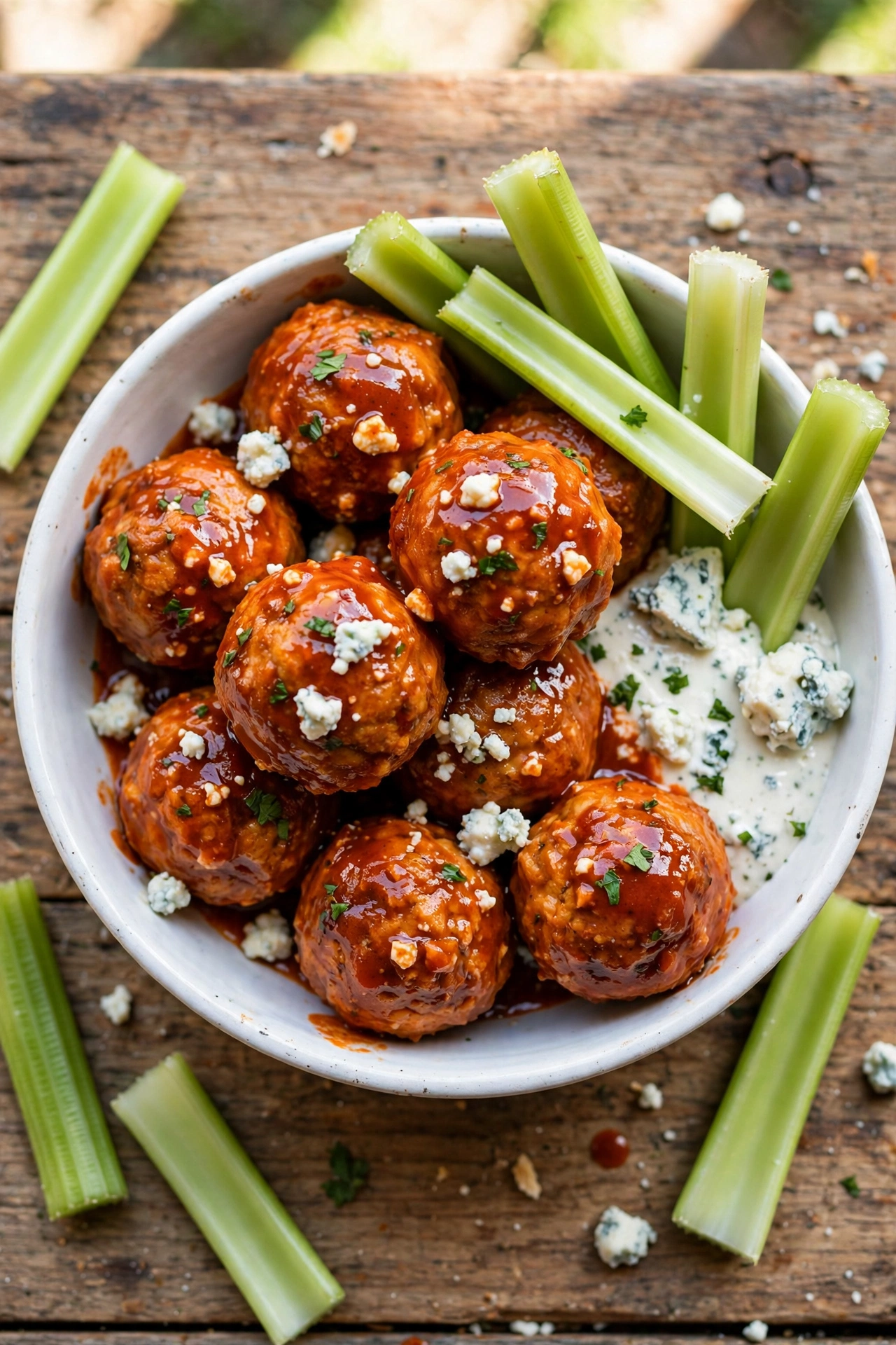 Overhead view of buffalo chicken meatballs with blue cheese drizzle, celery sticks, and ranch