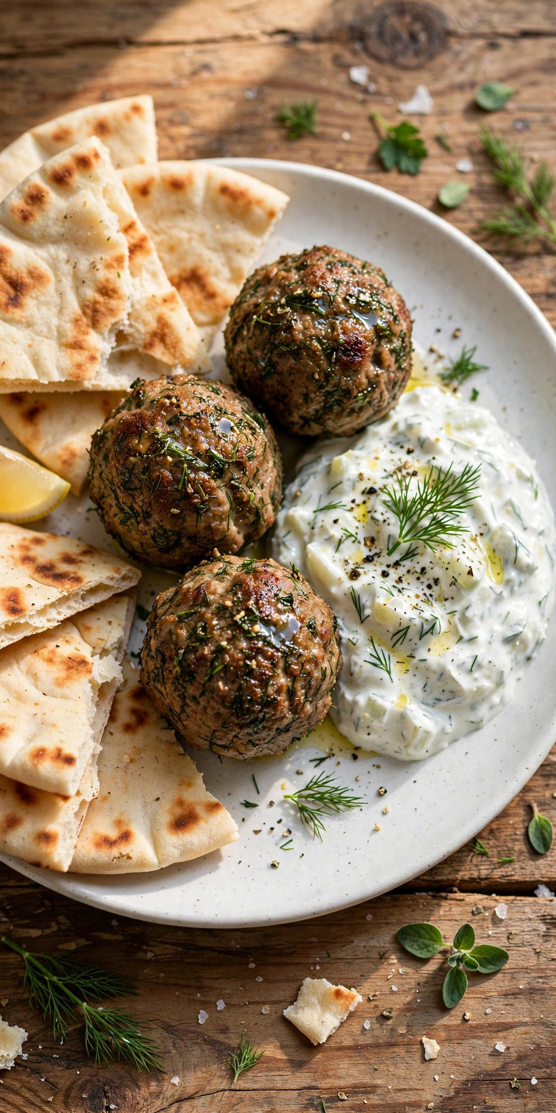 Close-up view of Greek lamb meatballs with tzatziki, cucumber, and fresh herbs on a platter