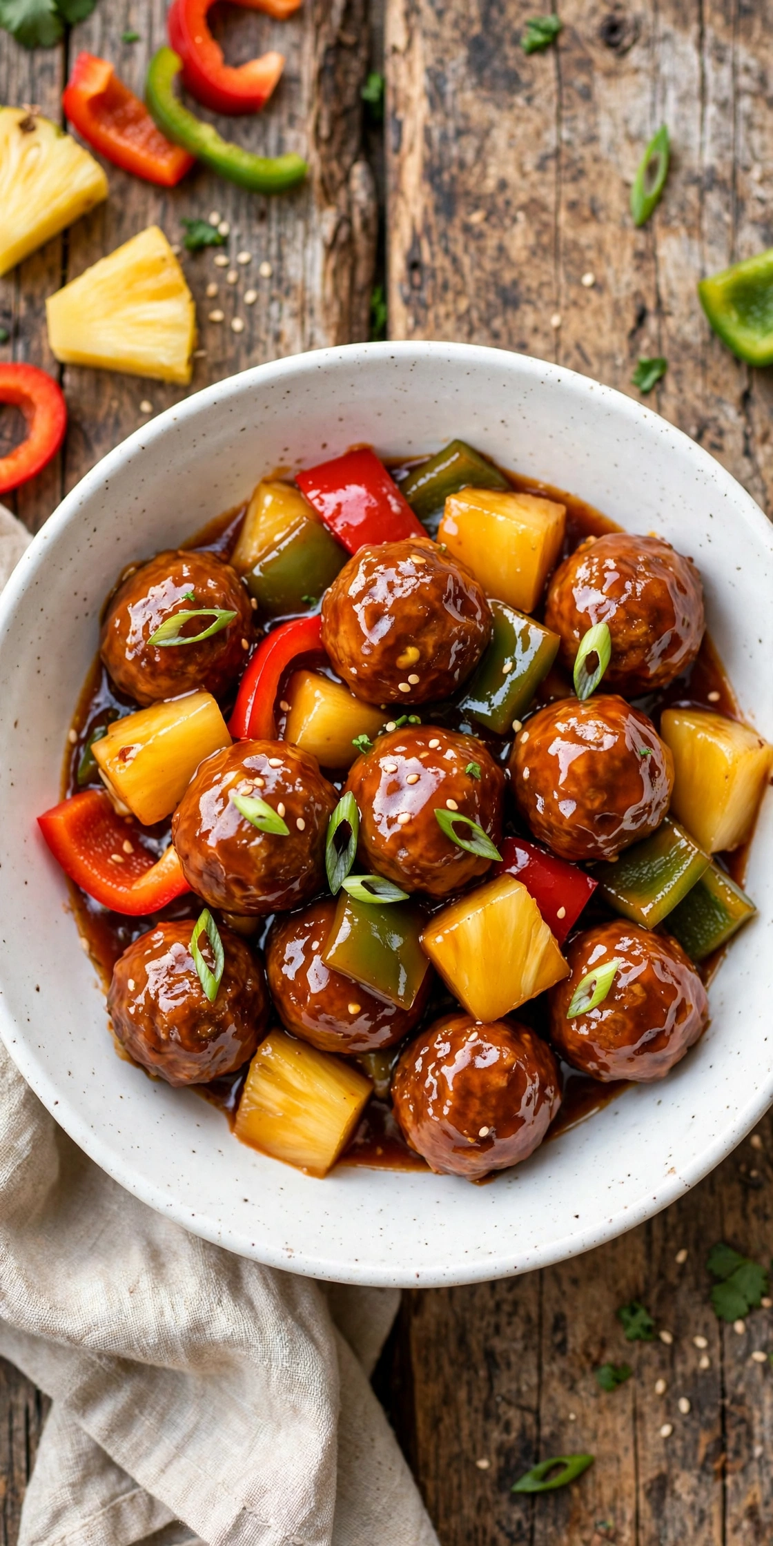 Side view of sweet and sour meatballs with bell peppers and pineapple in glossy red sauce