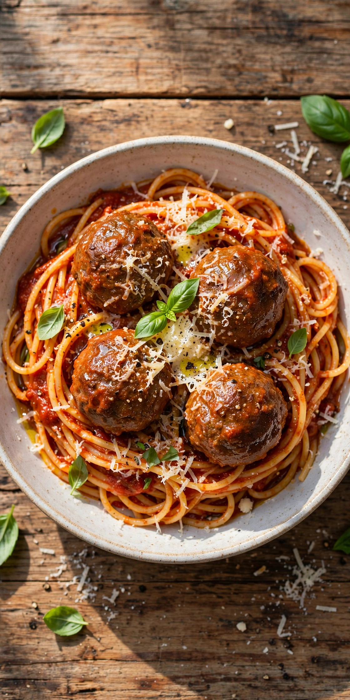 Overhead view of spaghetti and meatballs with marinara, parmesan, and fresh basil in a bowl