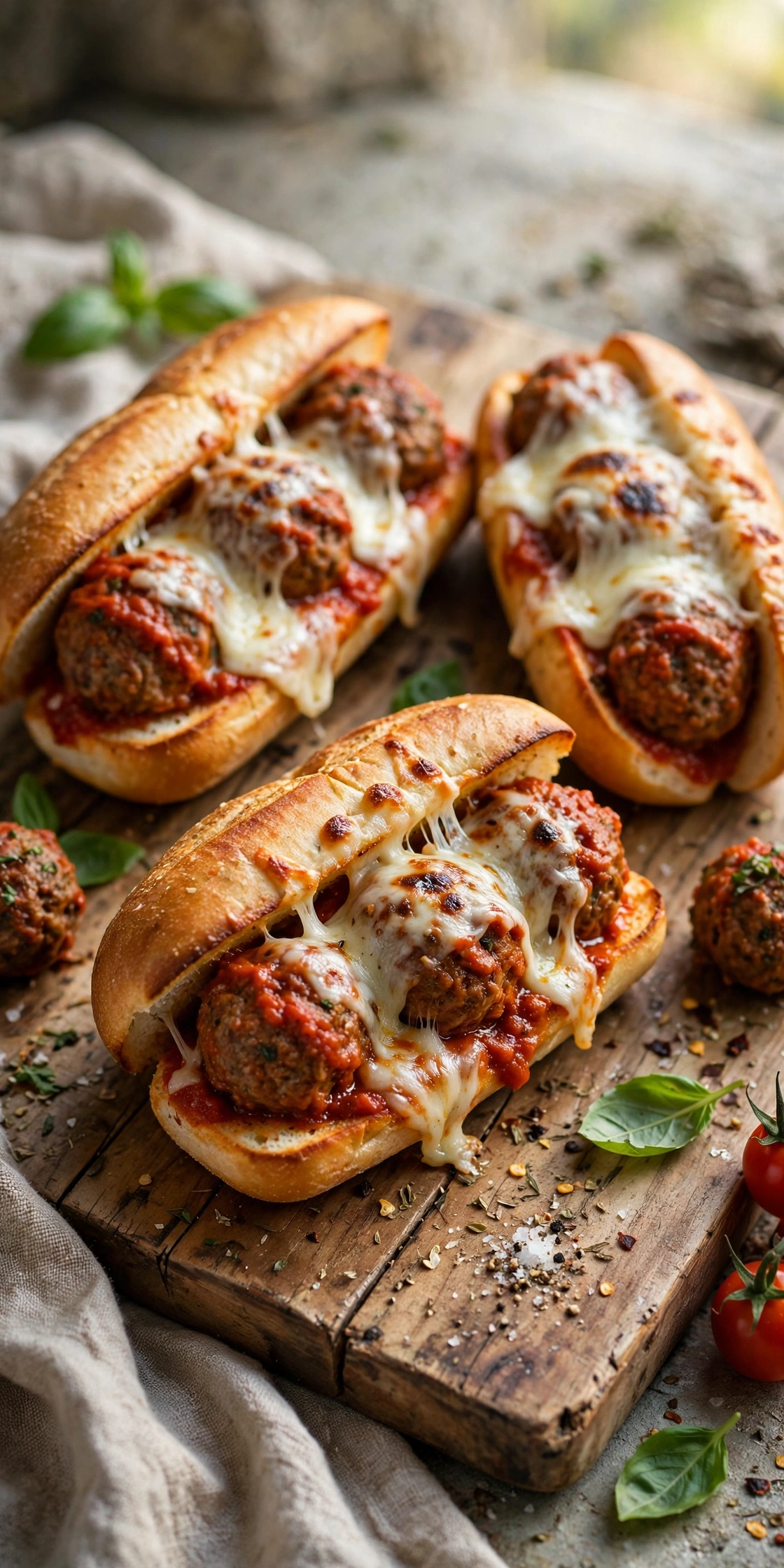 Side view of meatball subs with marinara, melted mozzarella, and basil on toasted hoagie rolls