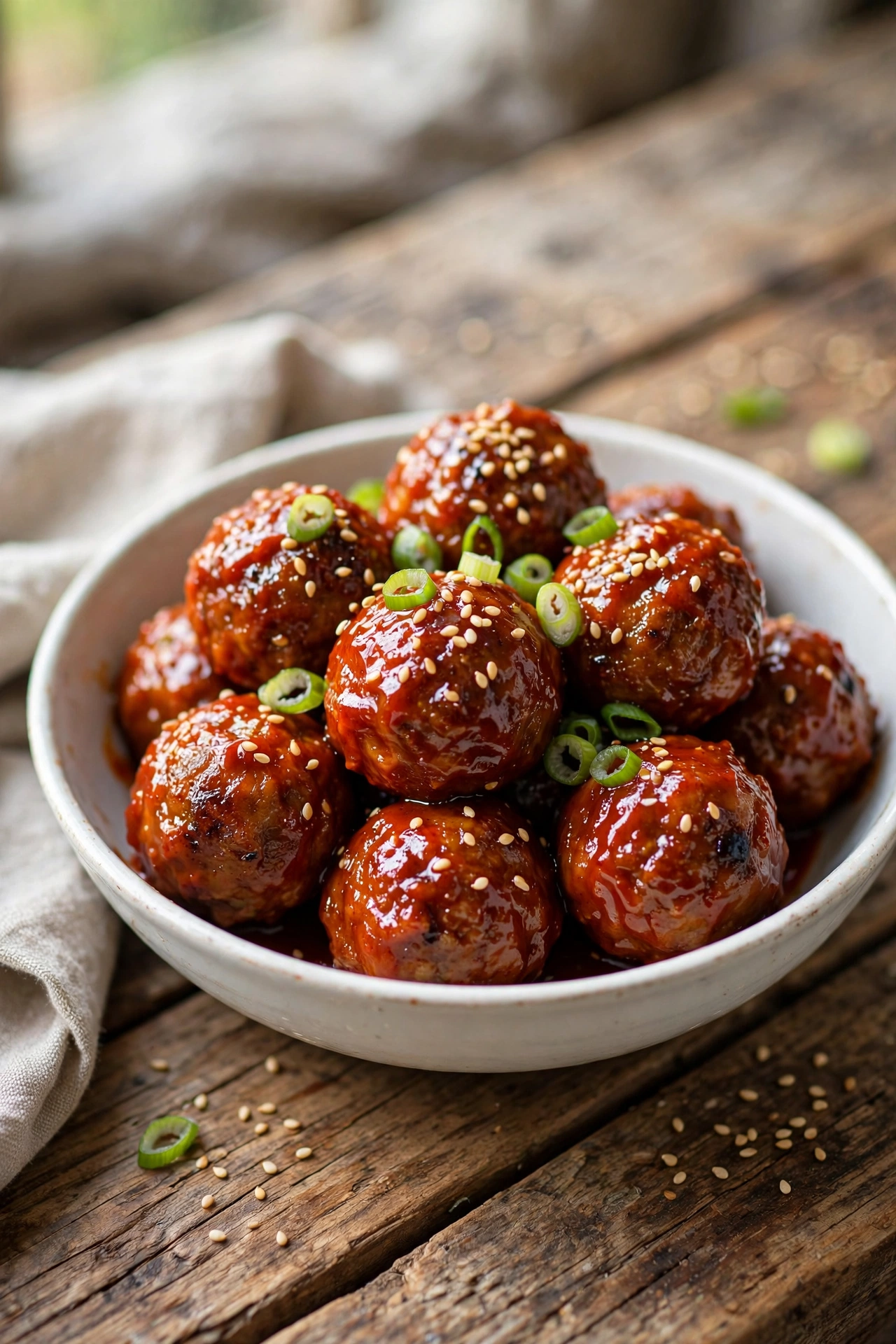 Close-up view of Korean gochujang meatballs in spicy glaze with sesame seeds and scallions