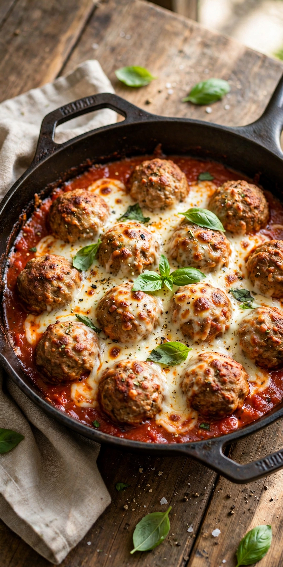 Overhead view of chicken parmesan meatballs in marinara with melted mozzarella and basil