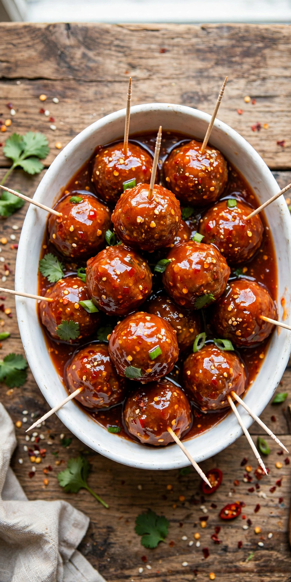 Side view of cocktail meatballs in chili sauce, glossy grape-chili glazed meatballs with toothpicks