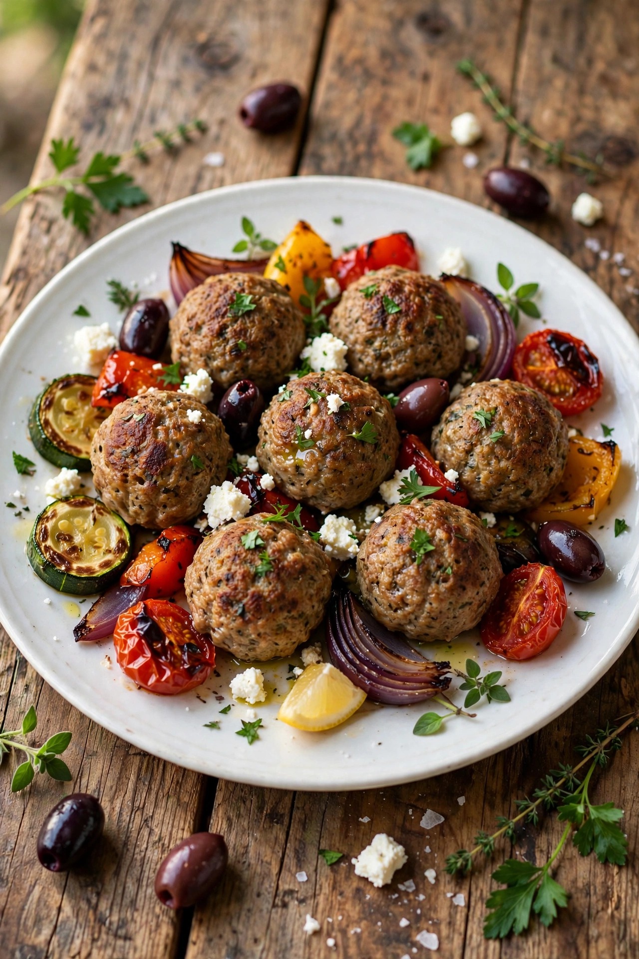 Overhead view of Mediterranean turkey meatballs with lemon, herbs, and feta in a skillet