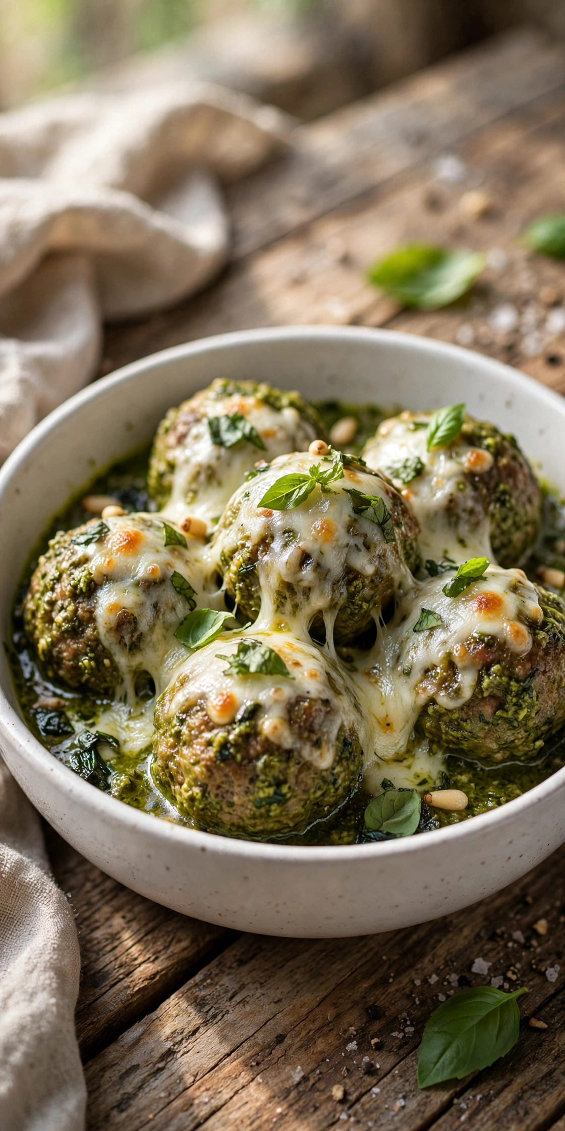 Close-up view of pesto mozzarella meatballs with basil pesto and melted mozzarella pearls