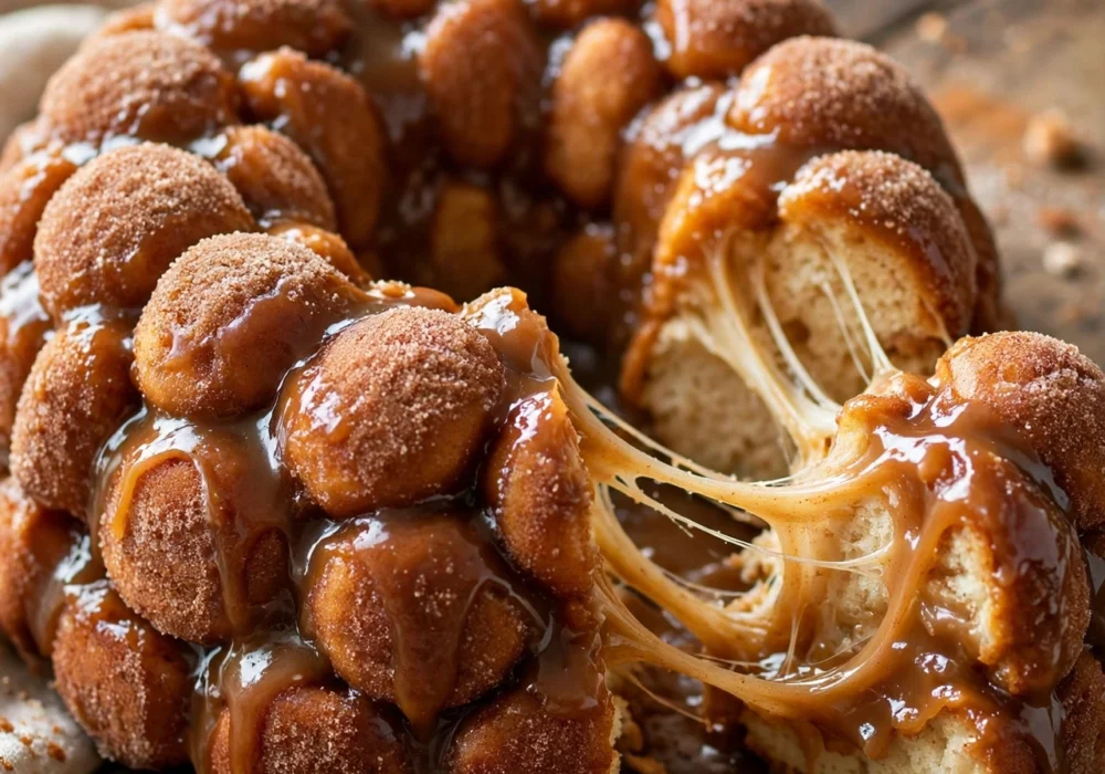 Classic monkey bread golden pull-apart with cinnamon sugar glaze in bundt pan