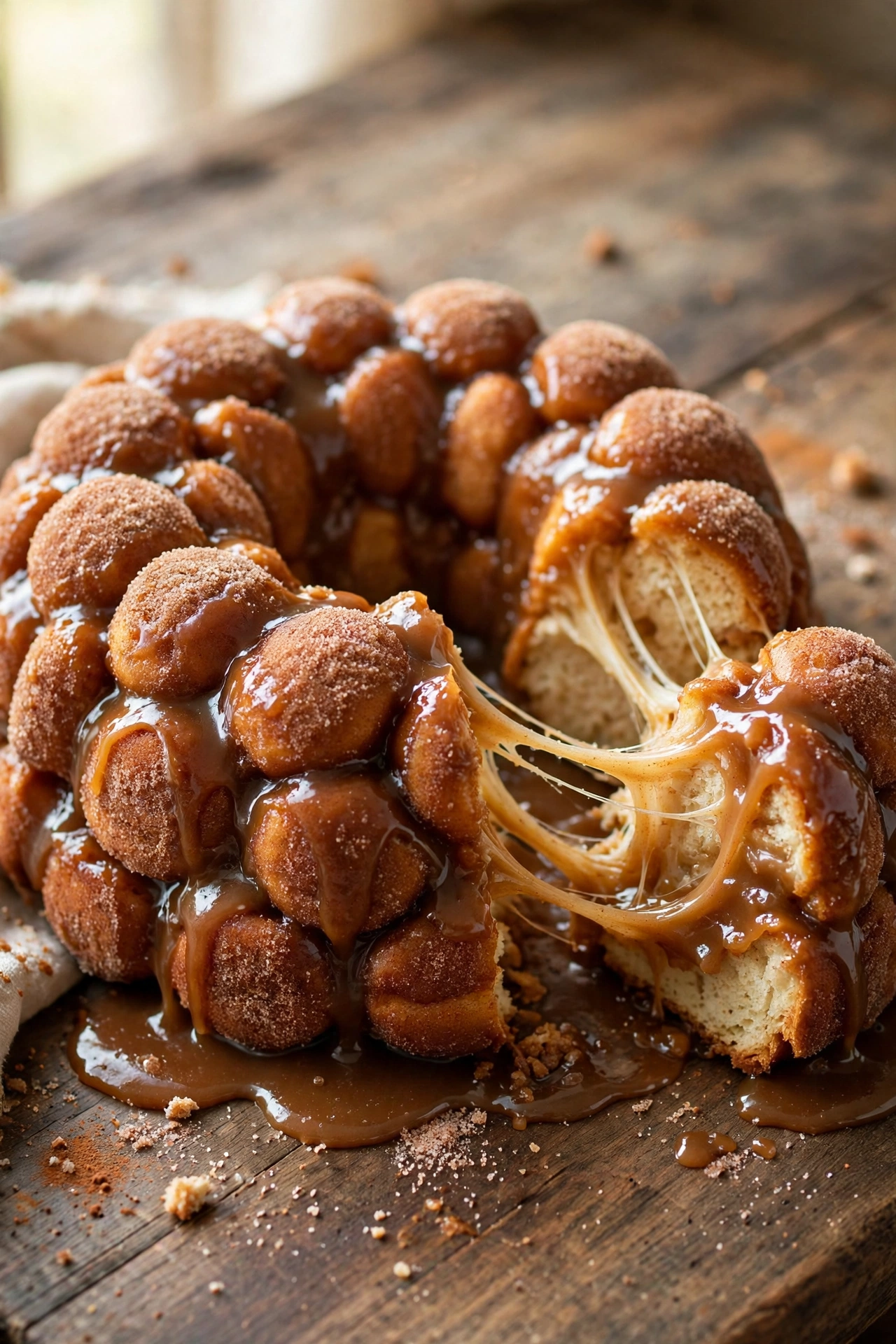 Classic monkey bread golden pull-apart with cinnamon sugar glaze in bundt pan