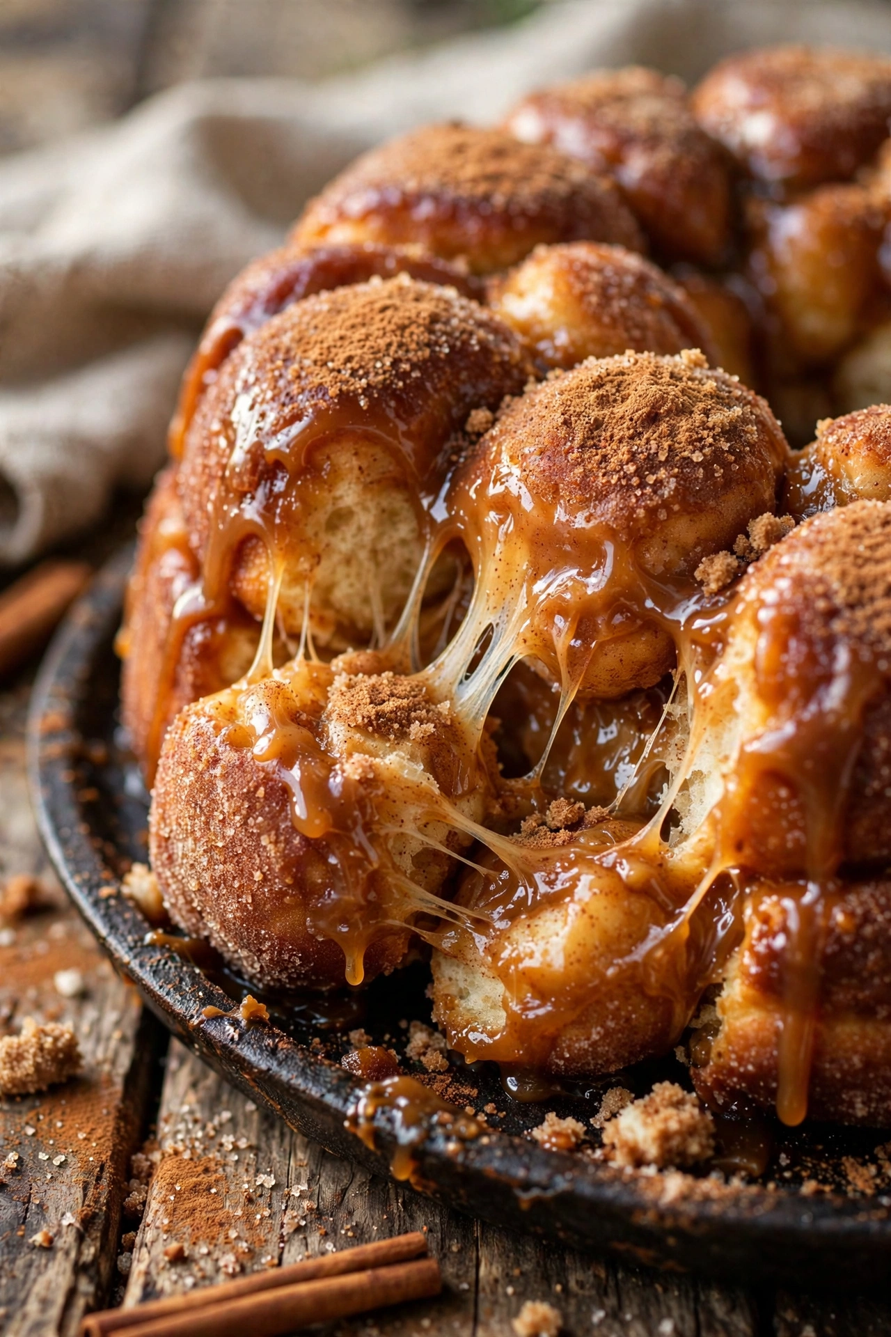 Cinnamon sugar monkey bread with extra cinnamon dusting and vanilla glaze drizzle