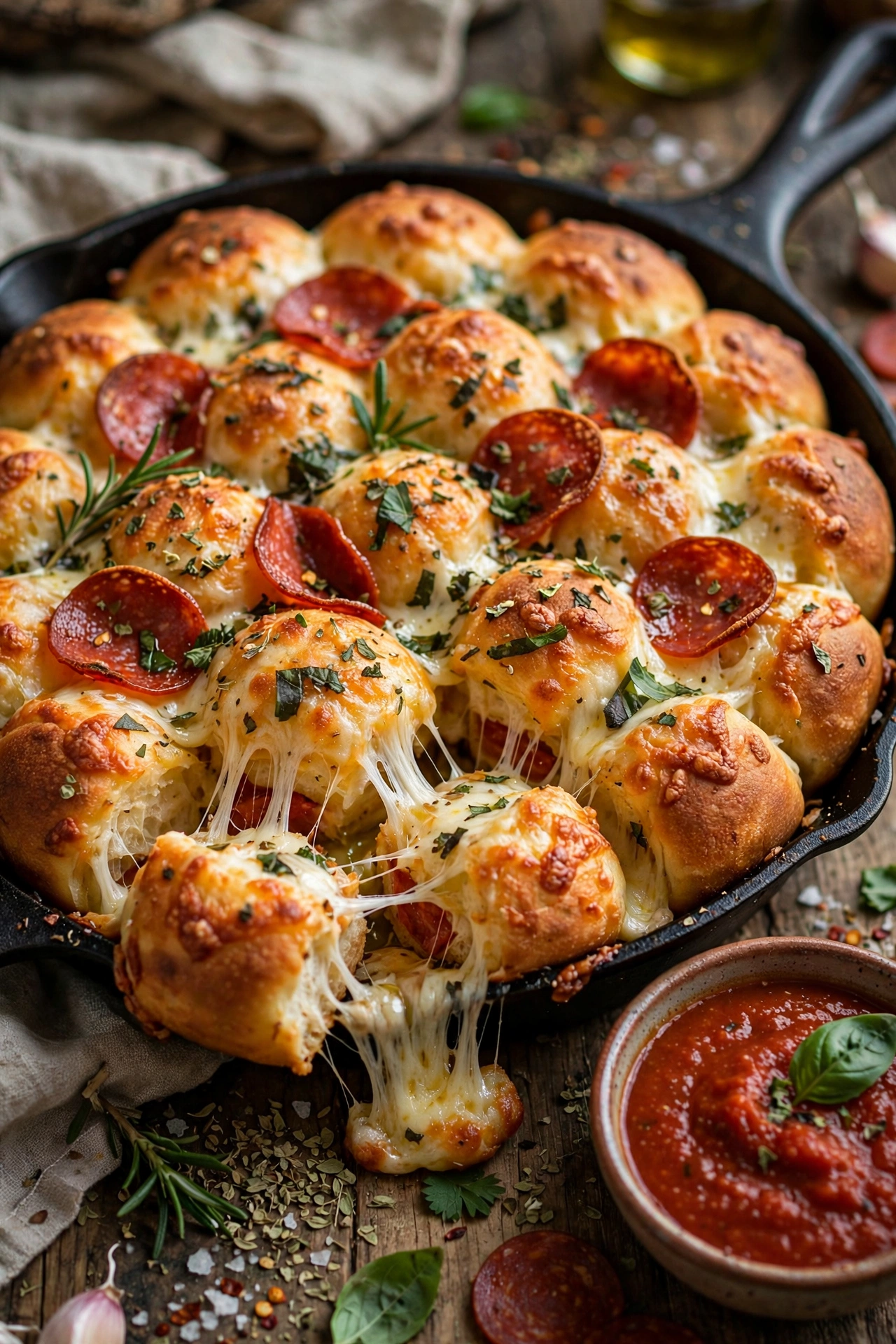 Pizza monkey bread pull-apart with pepperoni mozzarella and marinara dipping sauce