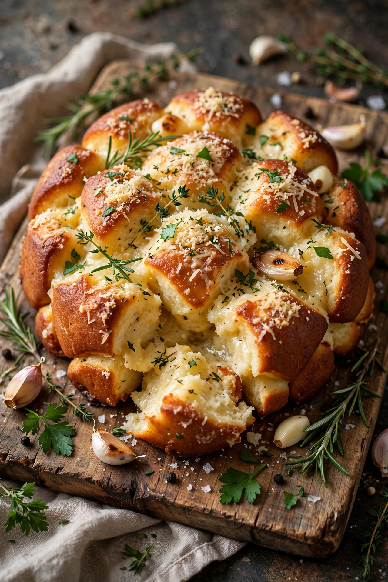 Garlic parmesan monkey bread golden with herbs and melted parmesan crust