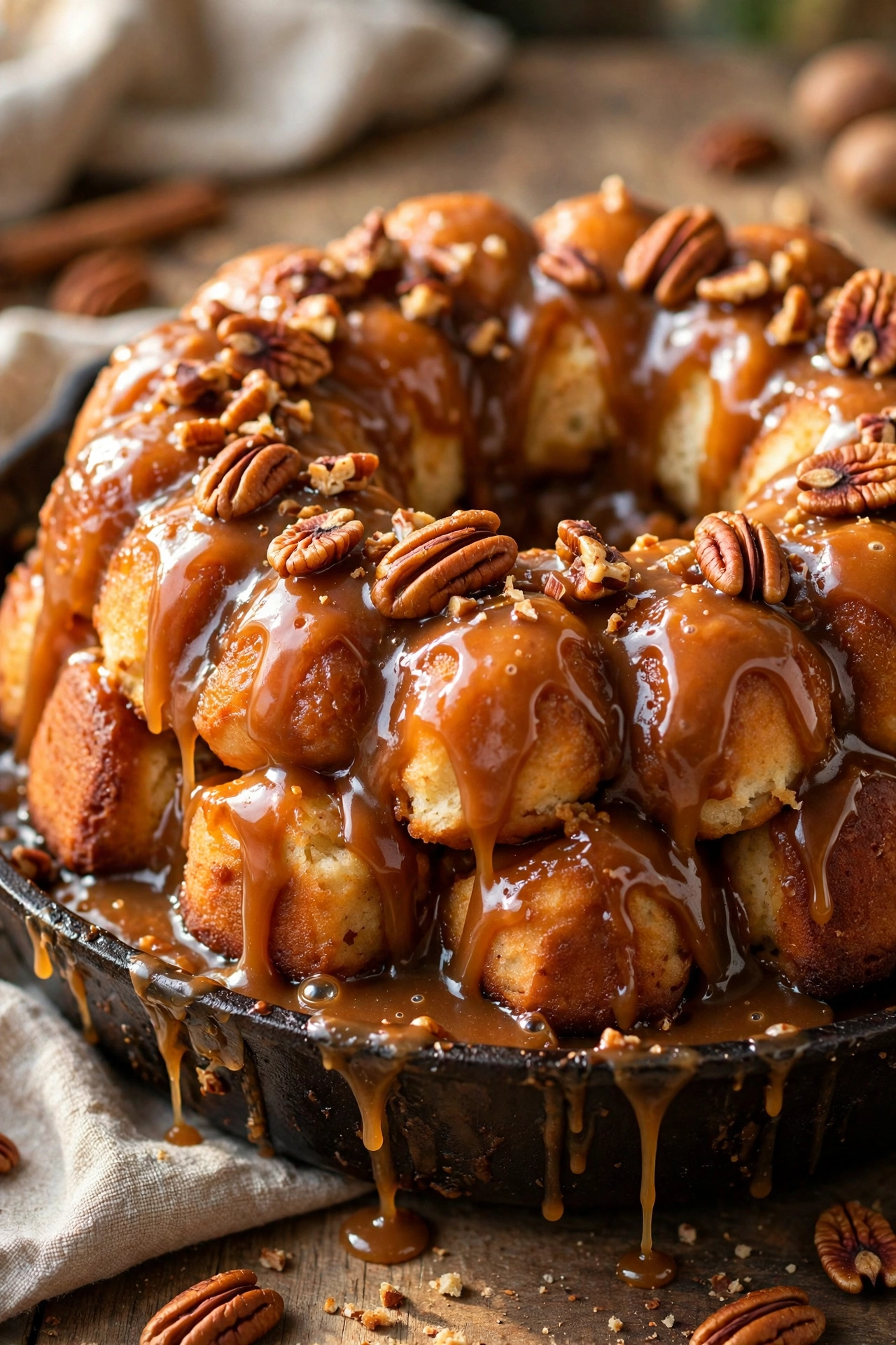 Caramel pecan monkey bread with glossy caramel sauce and toasted pecans