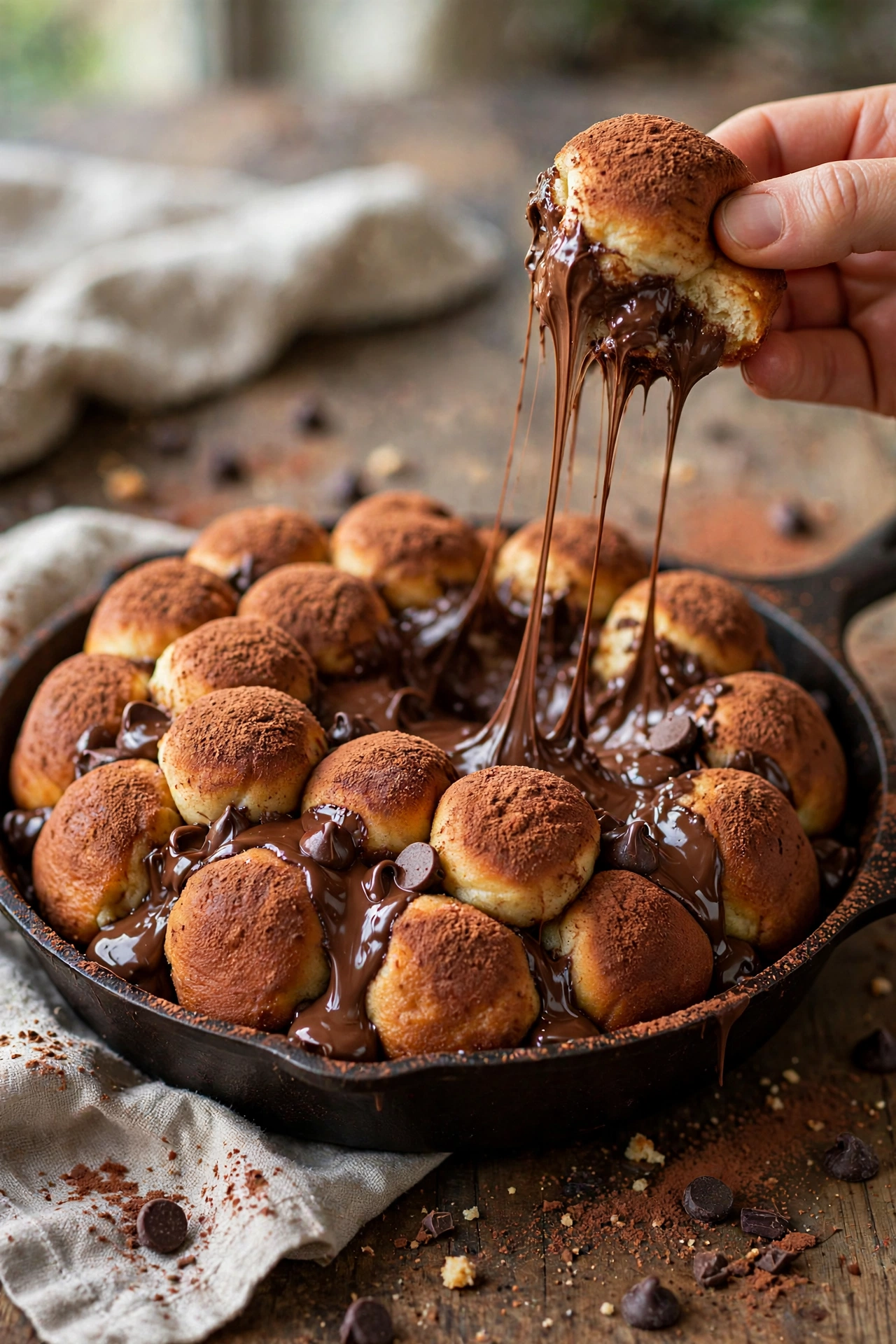 Chocolate monkey bread with molten chocolate centers and cocoa sugar coating
