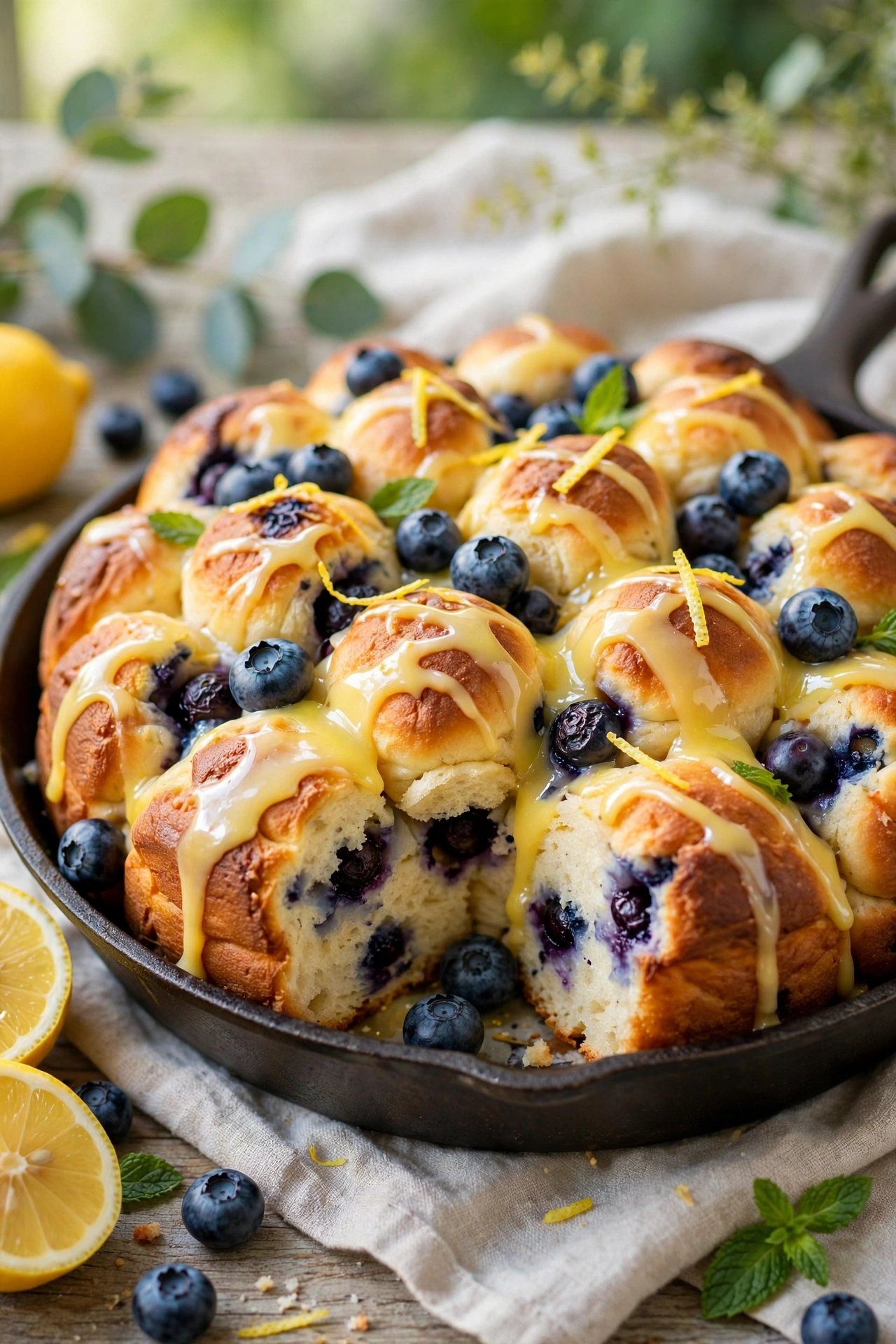 Lemon blueberry monkey bread with fresh blueberries and lemon glaze drizzle