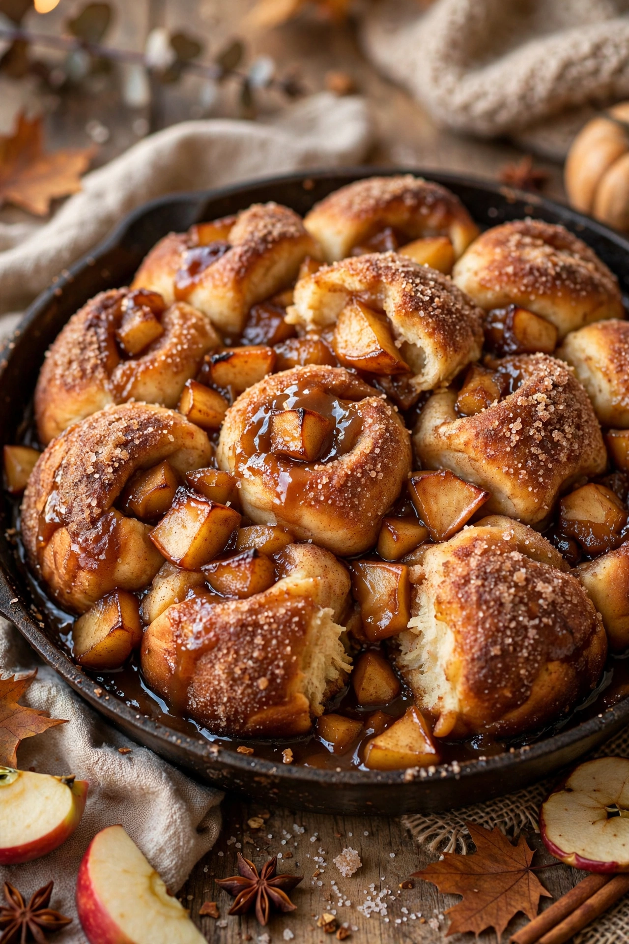 Apple cinnamon monkey bread with diced apples and cinnamon glaze in bundt pan