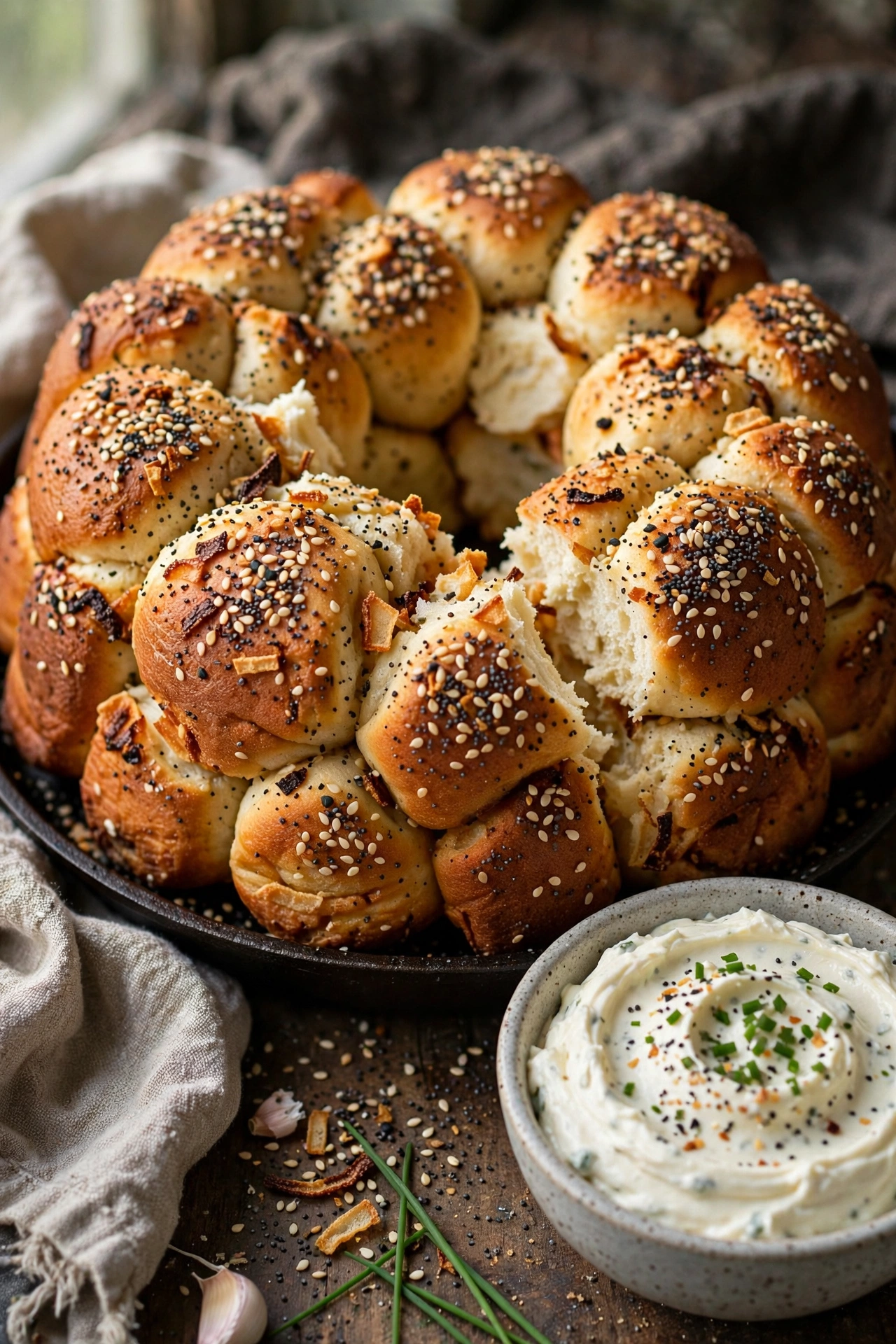 Everything bagel monkey bread with sesame seeds and cream cheese dipping sauce