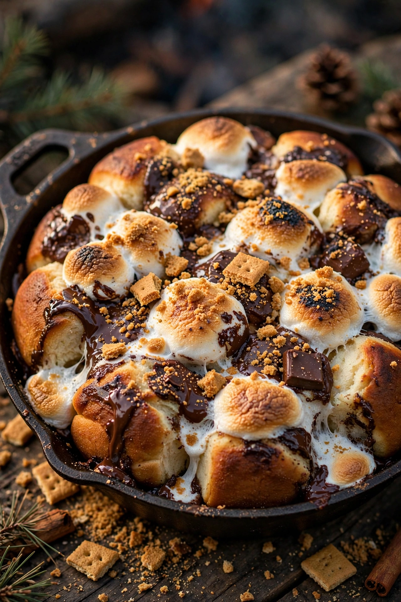 Smores monkey bread with toasted marshmallows melted chocolate and graham crumbs
