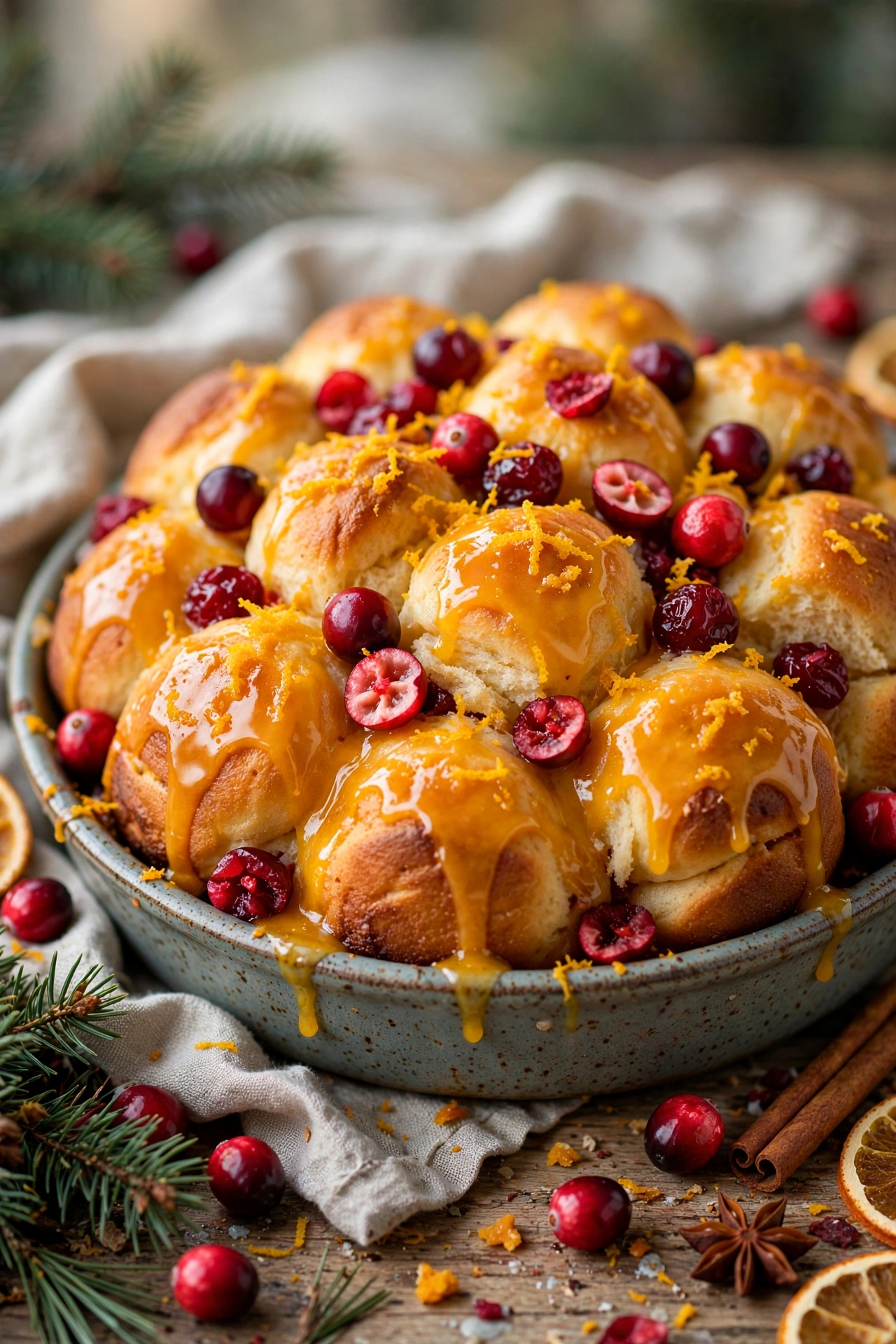 Orange cranberry monkey bread with cranberries and orange glaze for holidays