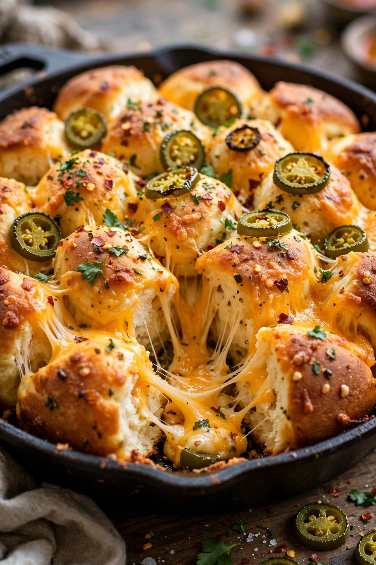 Cheesy jalapeno monkey bread with melted cheddar and diced jalapenos