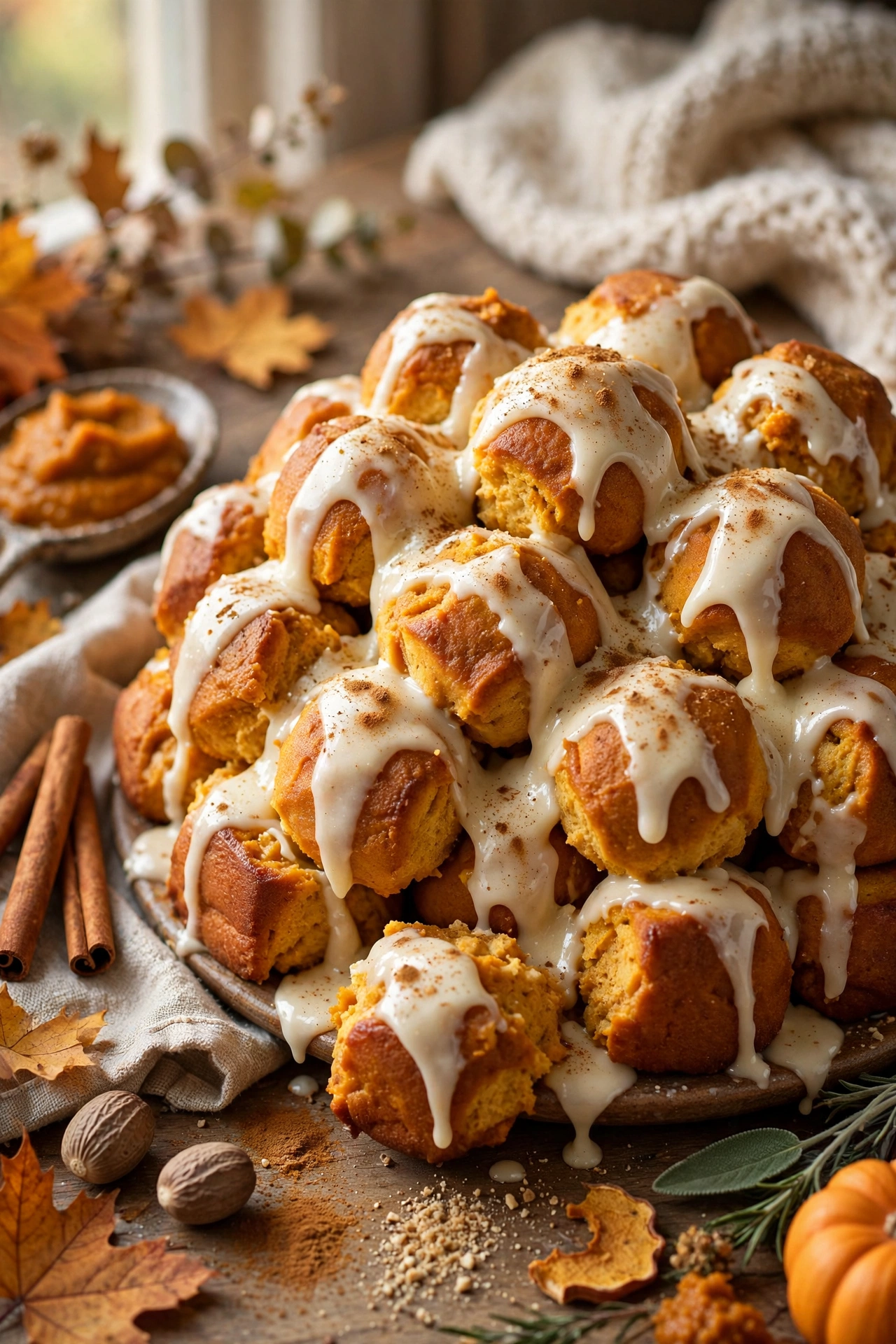 Pumpkin spice monkey bread with pumpkin glaze and cinnamon sugar coating