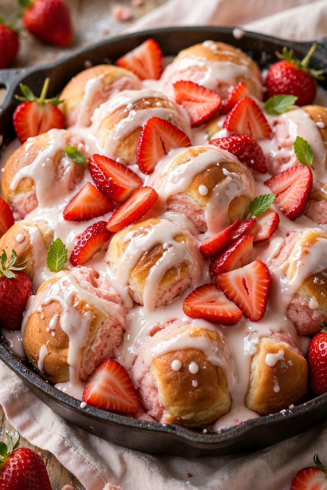 Strawberry cream monkey bread with fresh strawberries and cream cheese glaze