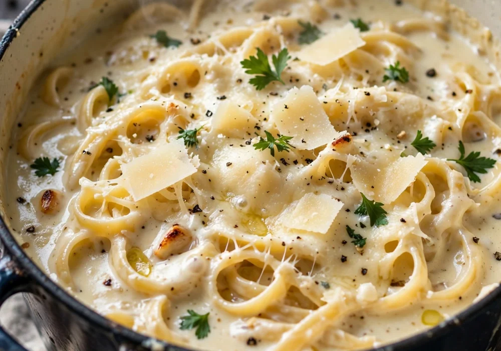 One-pot alfredo creamy with parmesan in the pot