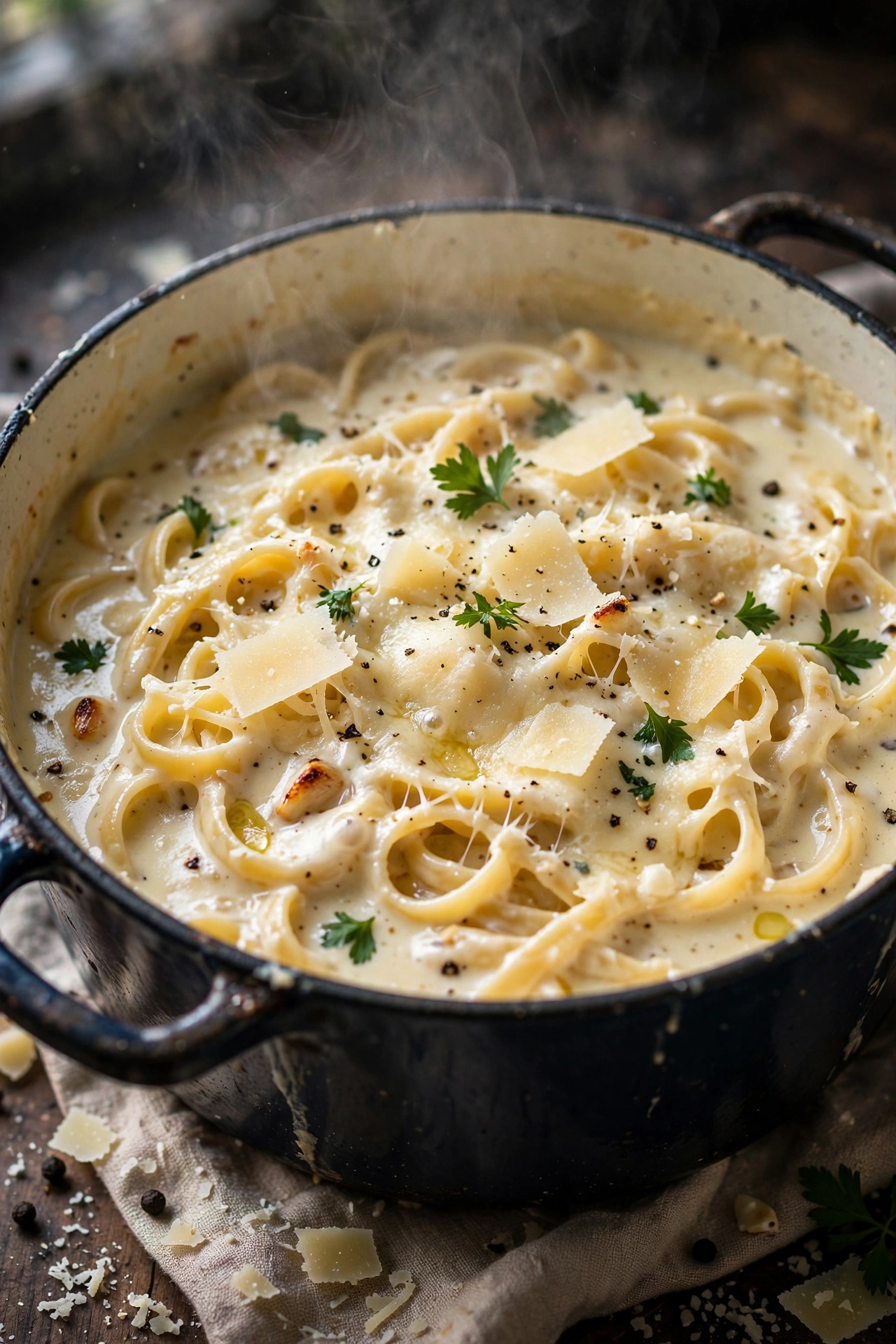 One-pot alfredo creamy with parmesan in the pot