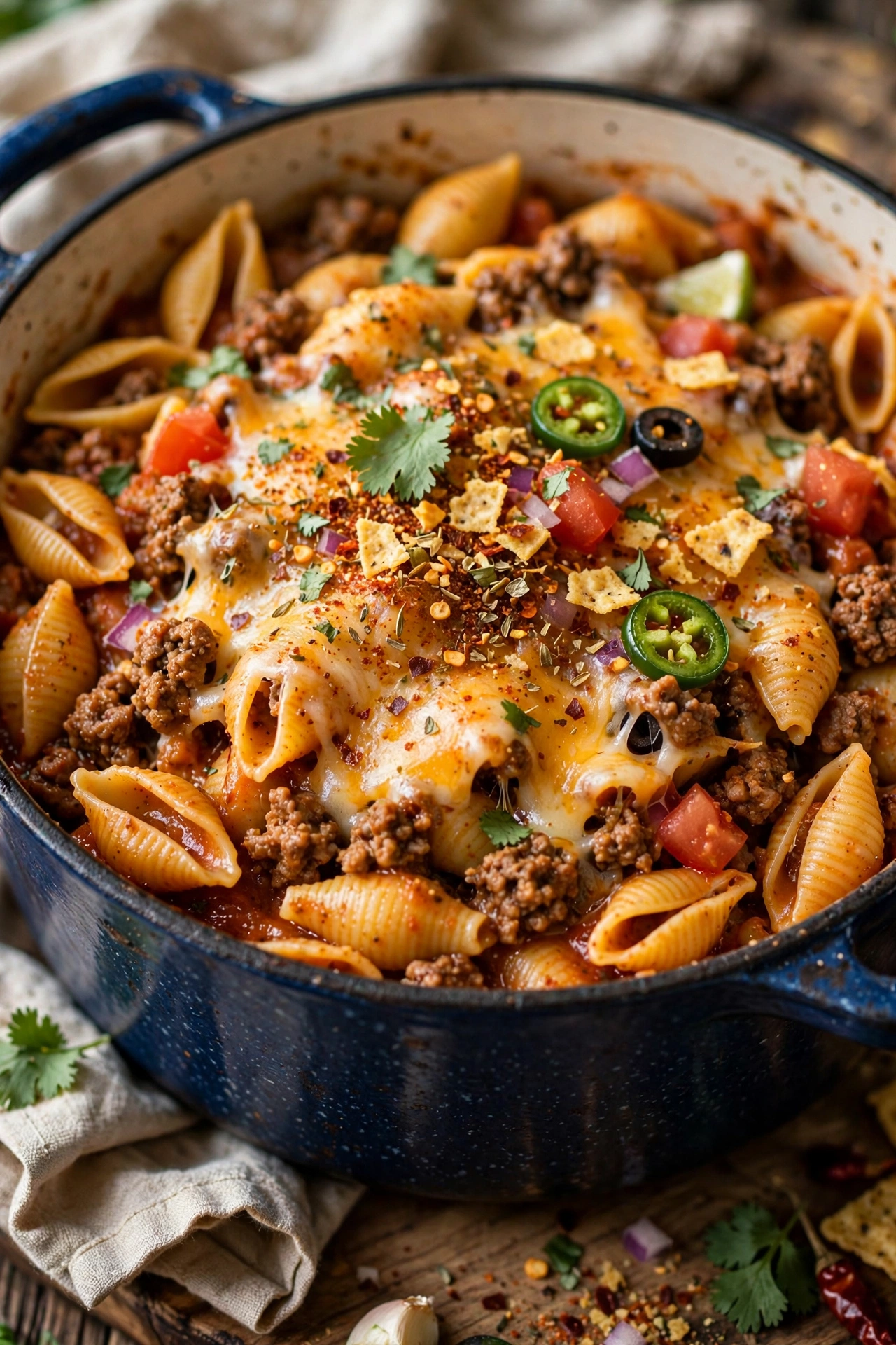 One-pot taco pasta with beef cheese and taco seasoning