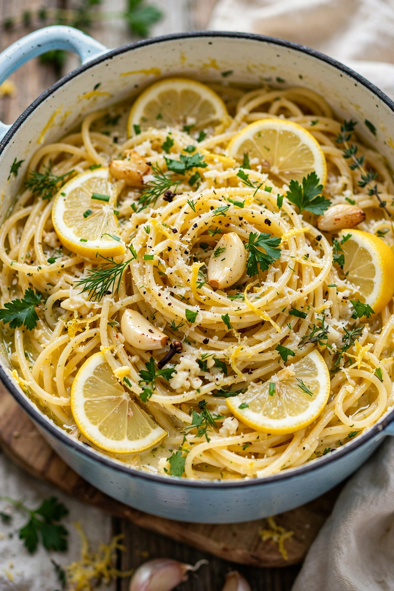 One-pot lemon garlic pasta bright with herbs