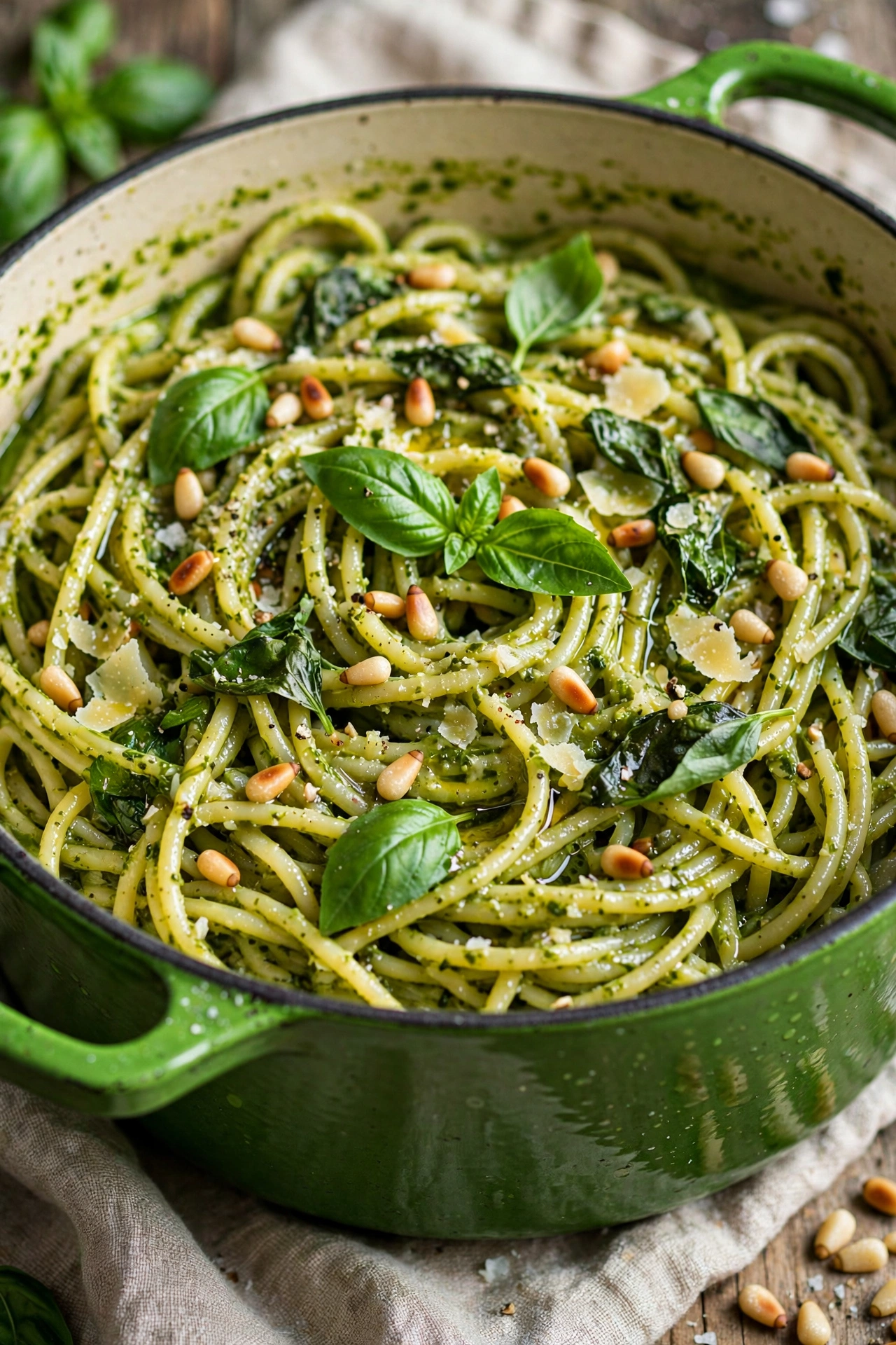 One-pot pesto pasta bright green with basil
