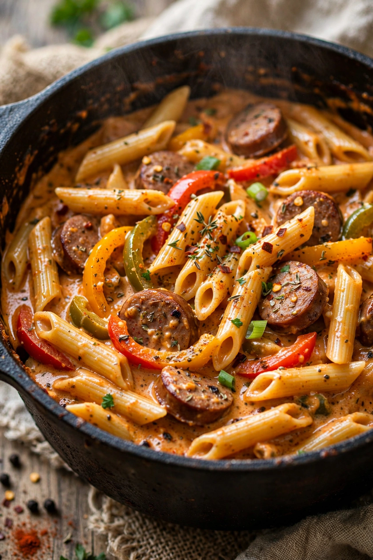 One-pot Cajun pasta creamy spicy with sausage