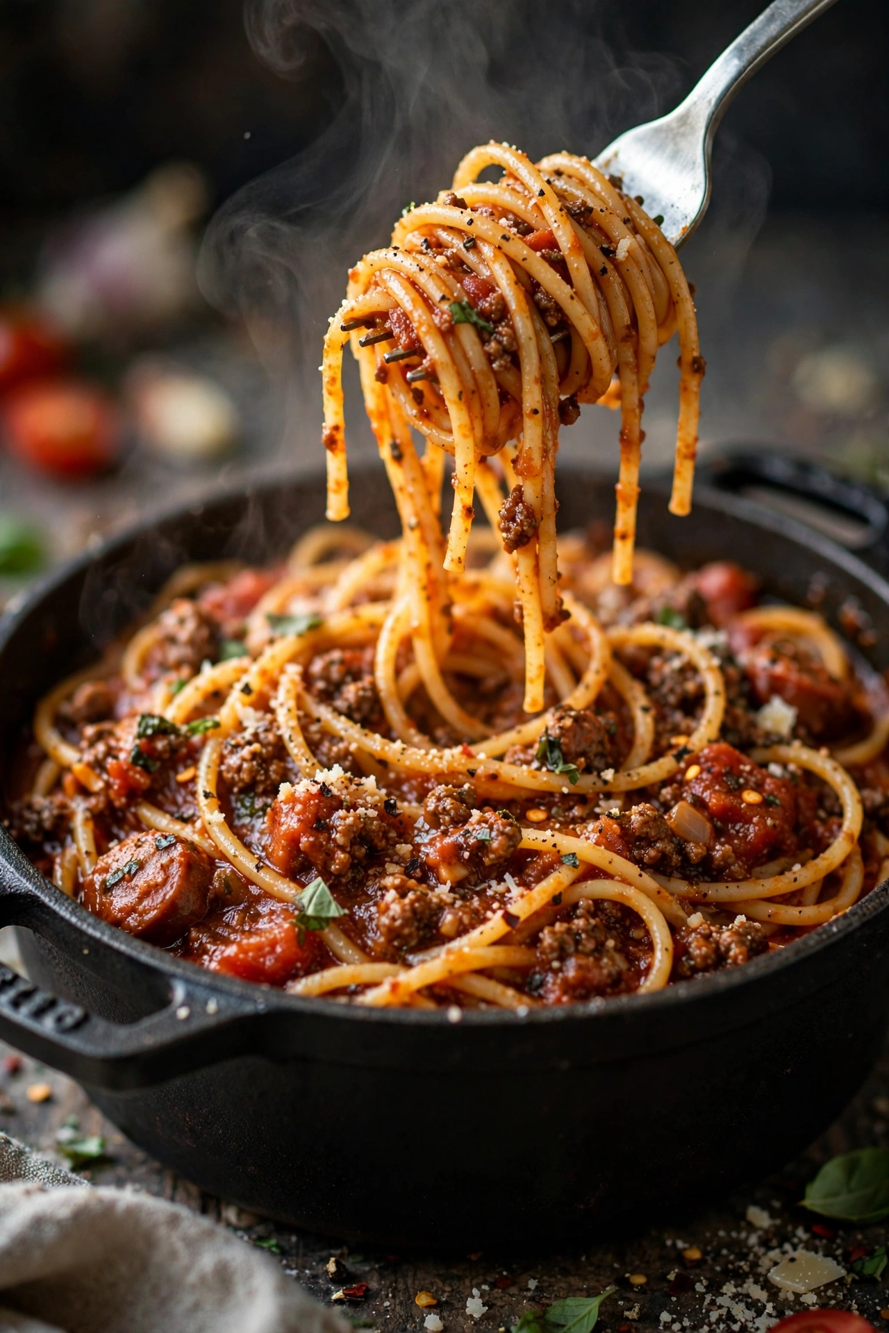 One-pot spaghetti with meat sauce in the pot