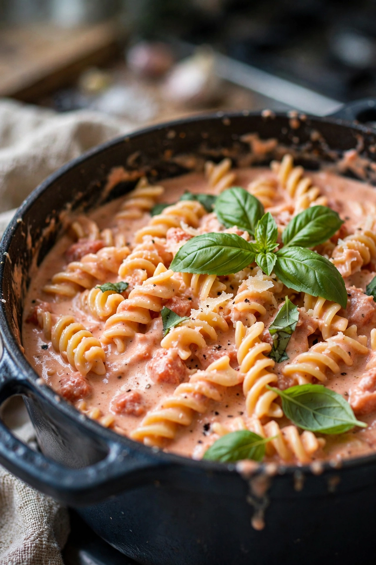 One-pot creamy tomato pasta pink sauce with basil