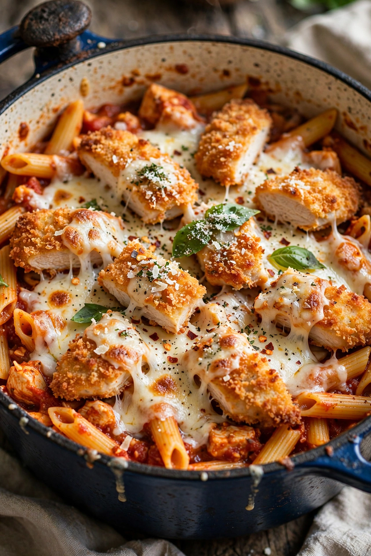 One-pot chicken parmesan pasta with breaded chicken