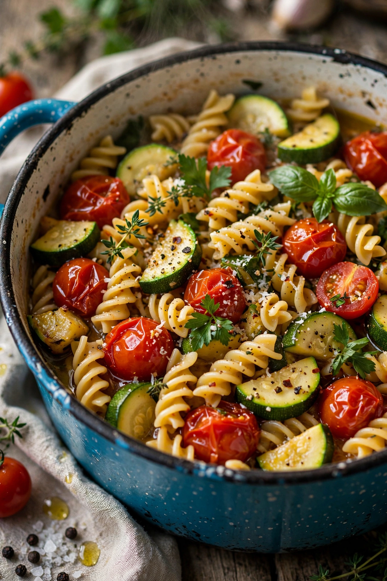 One-pot veggie pasta colorful with zucchini and tomatoes