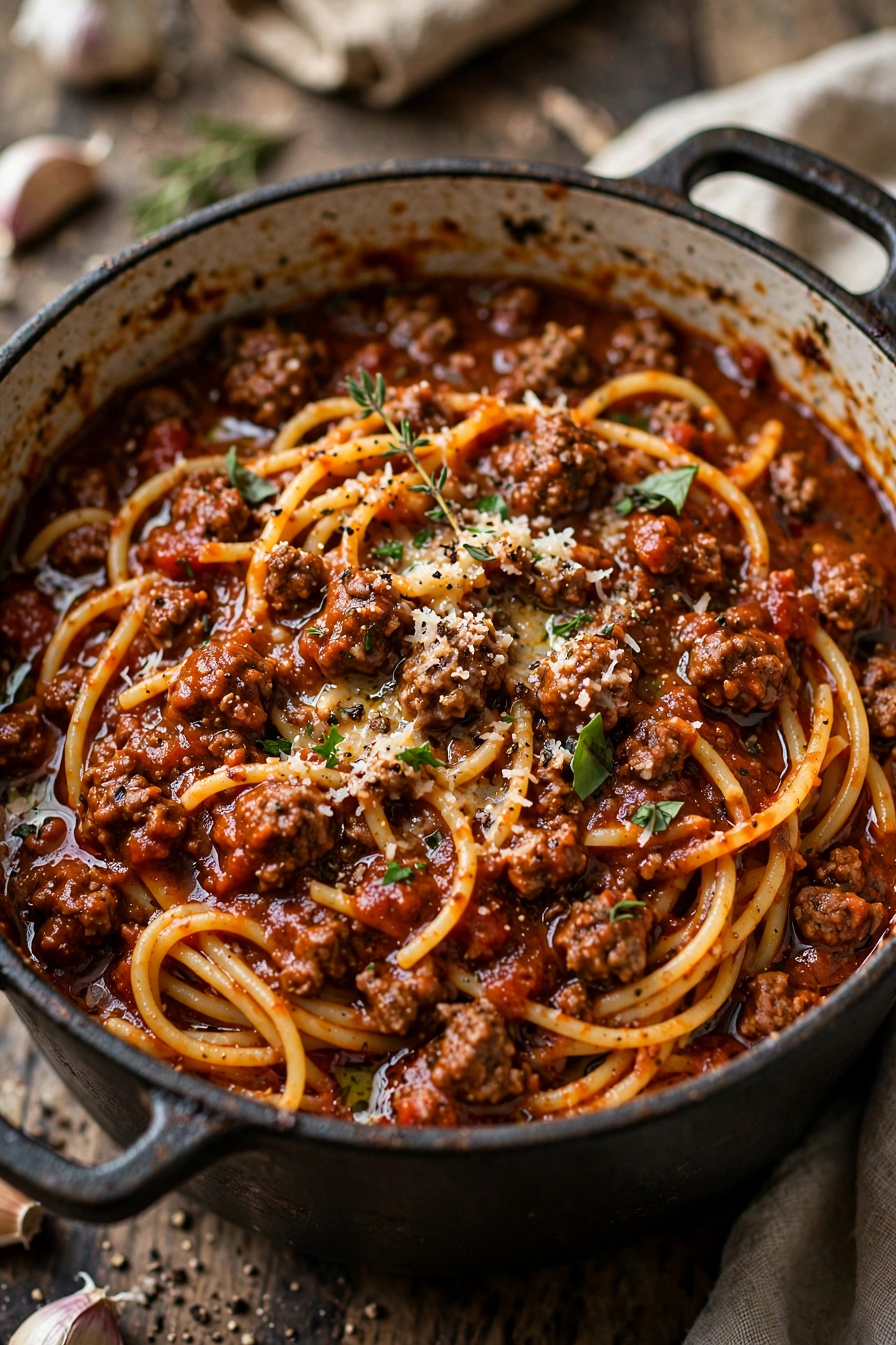 One-pot bolognese rich meat sauce with pasta