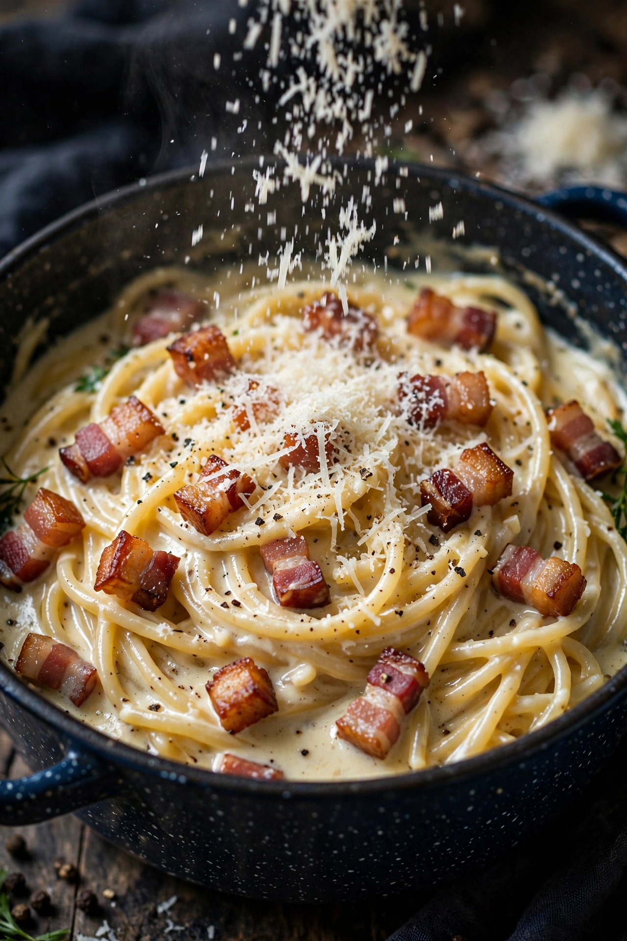 One-pot carbonara silky with pancetta and parmesan