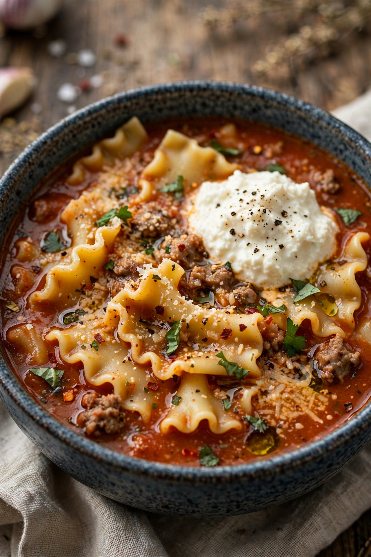One-pot lasagna soup with ricotta dollop