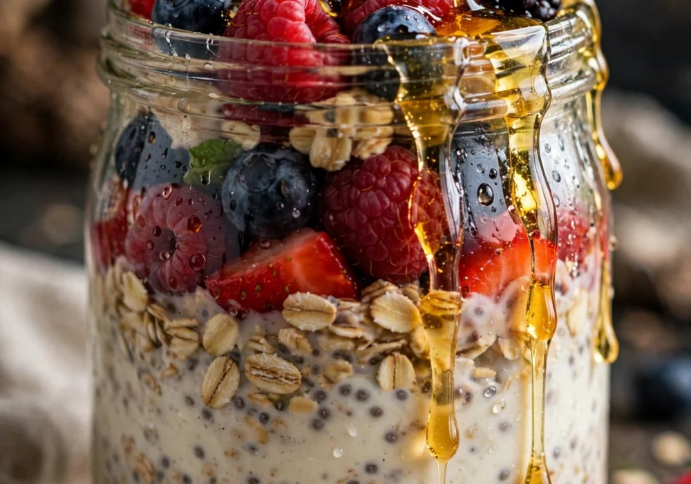 Classic overnight oats jar with berries and honey drizzle