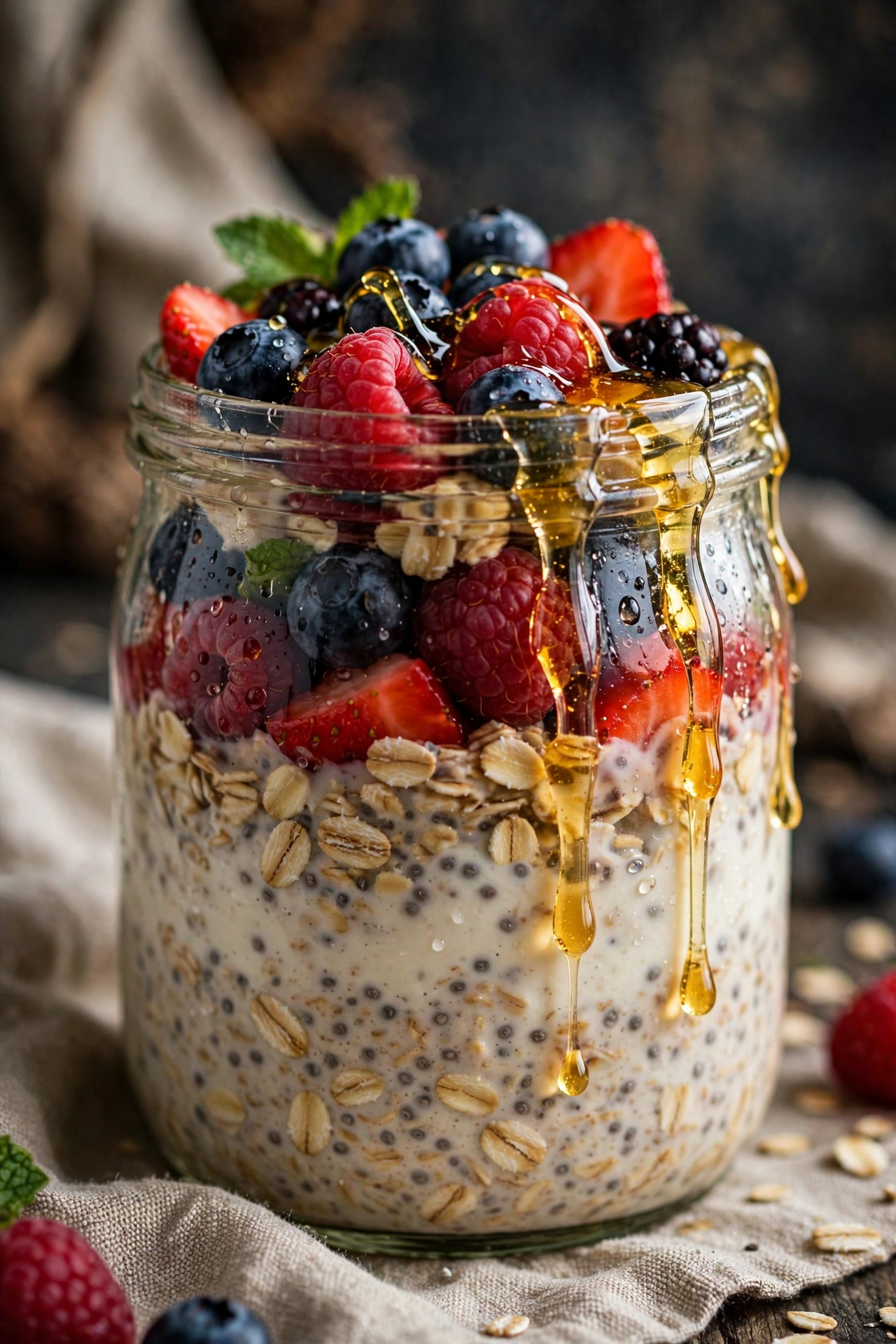 Classic overnight oats jar with berries and honey drizzle