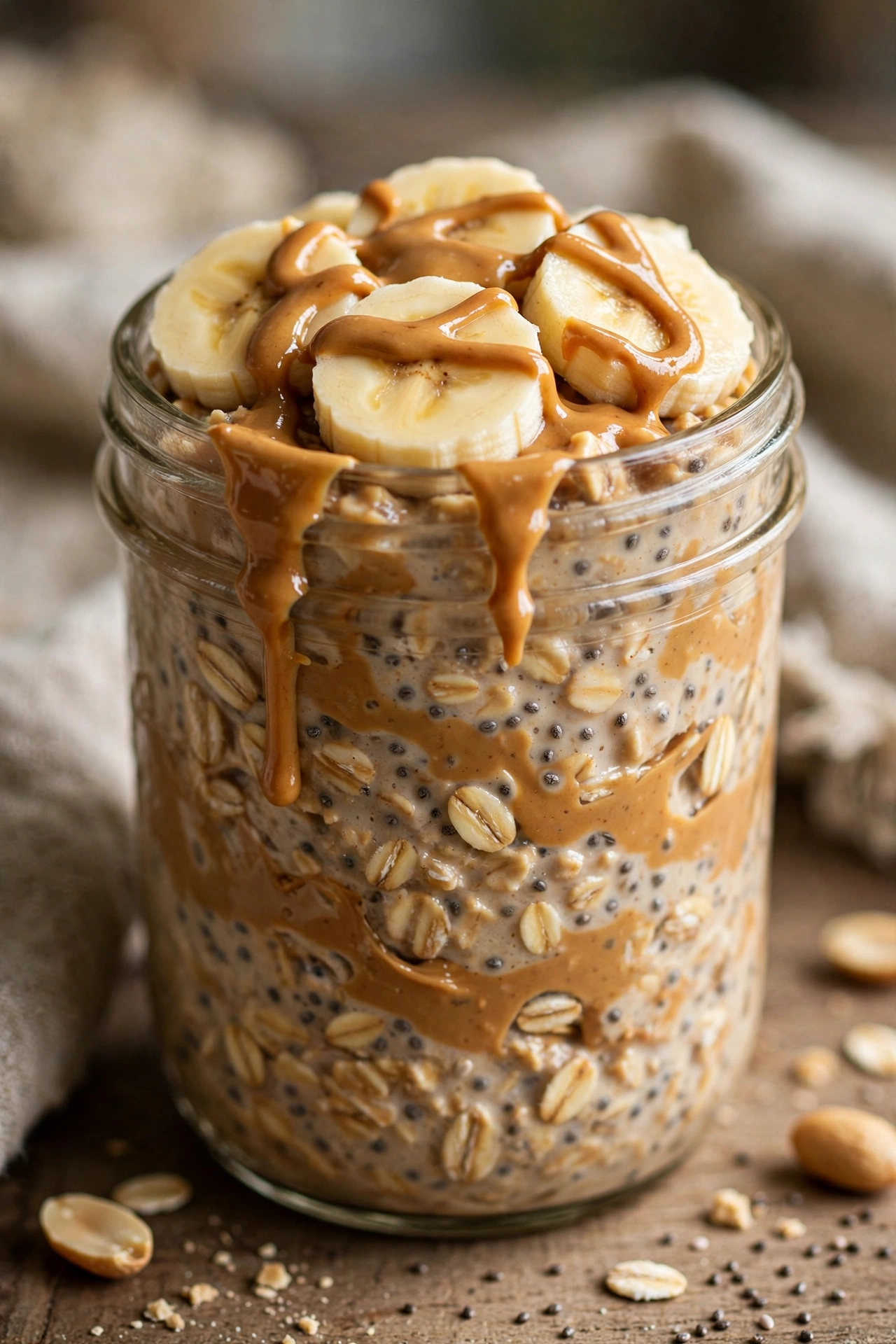 Peanut butter overnight oats with banana and peanut drizzle
