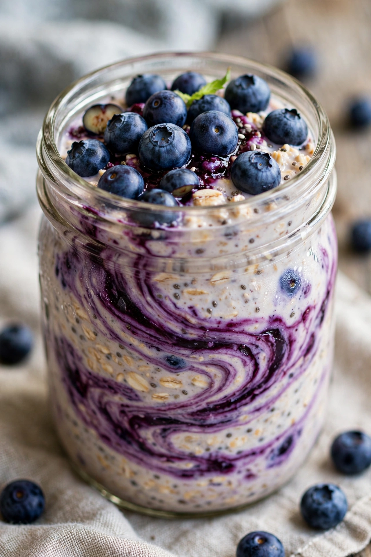 Blueberry overnight oats purple swirled in a jar