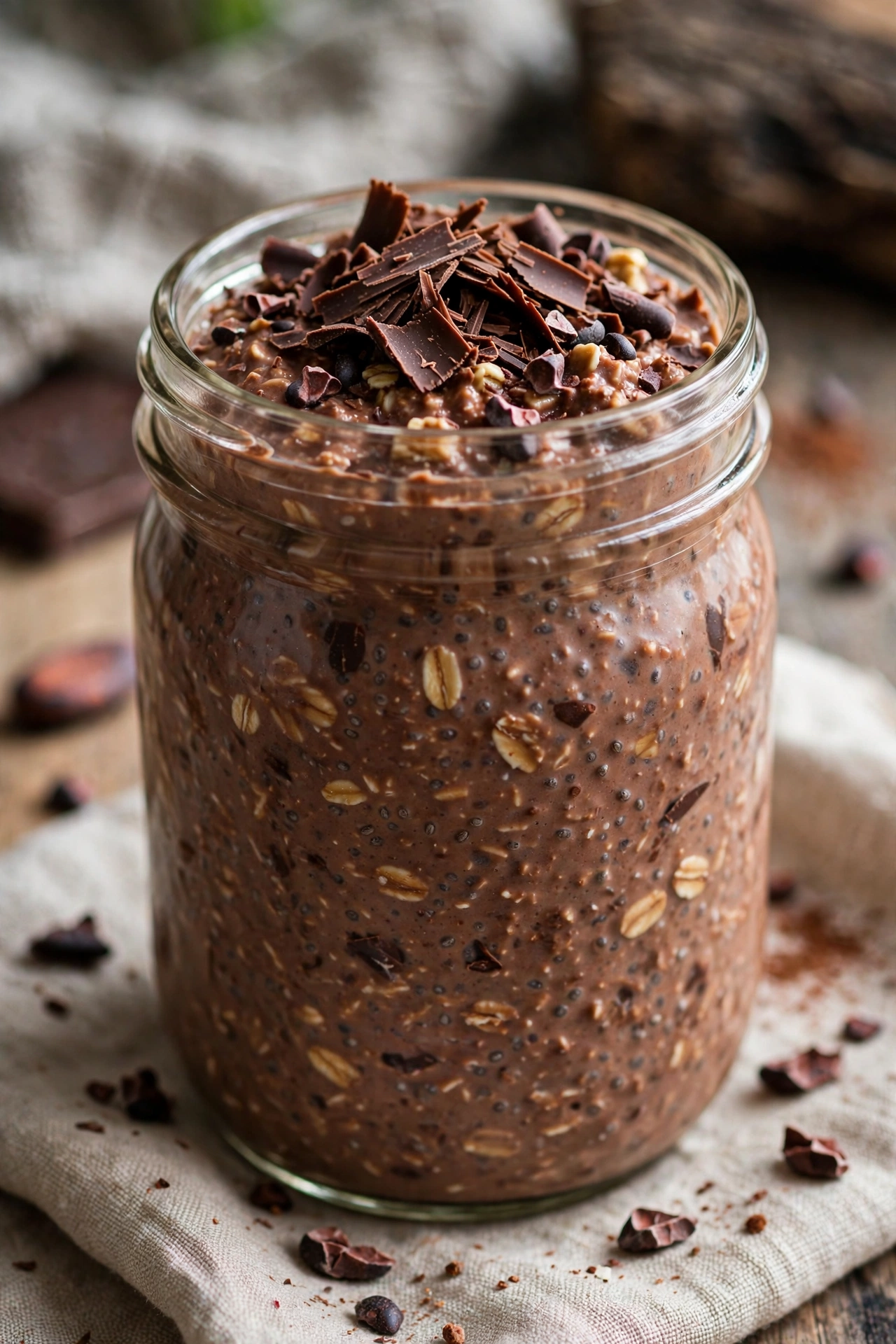 Chocolate overnight oats with chocolate shavings