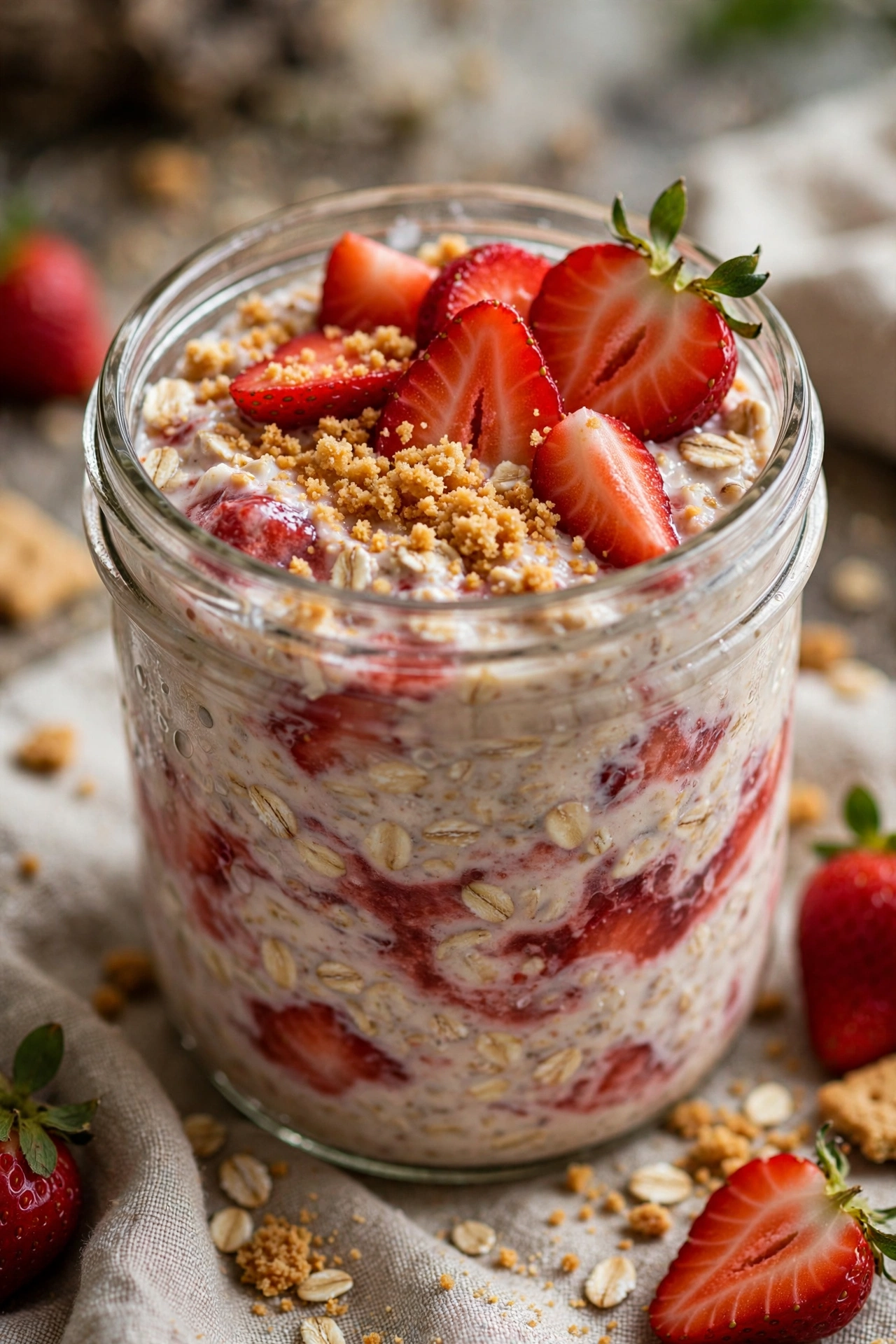 Strawberry cheesecake overnight oats with graham crumbs