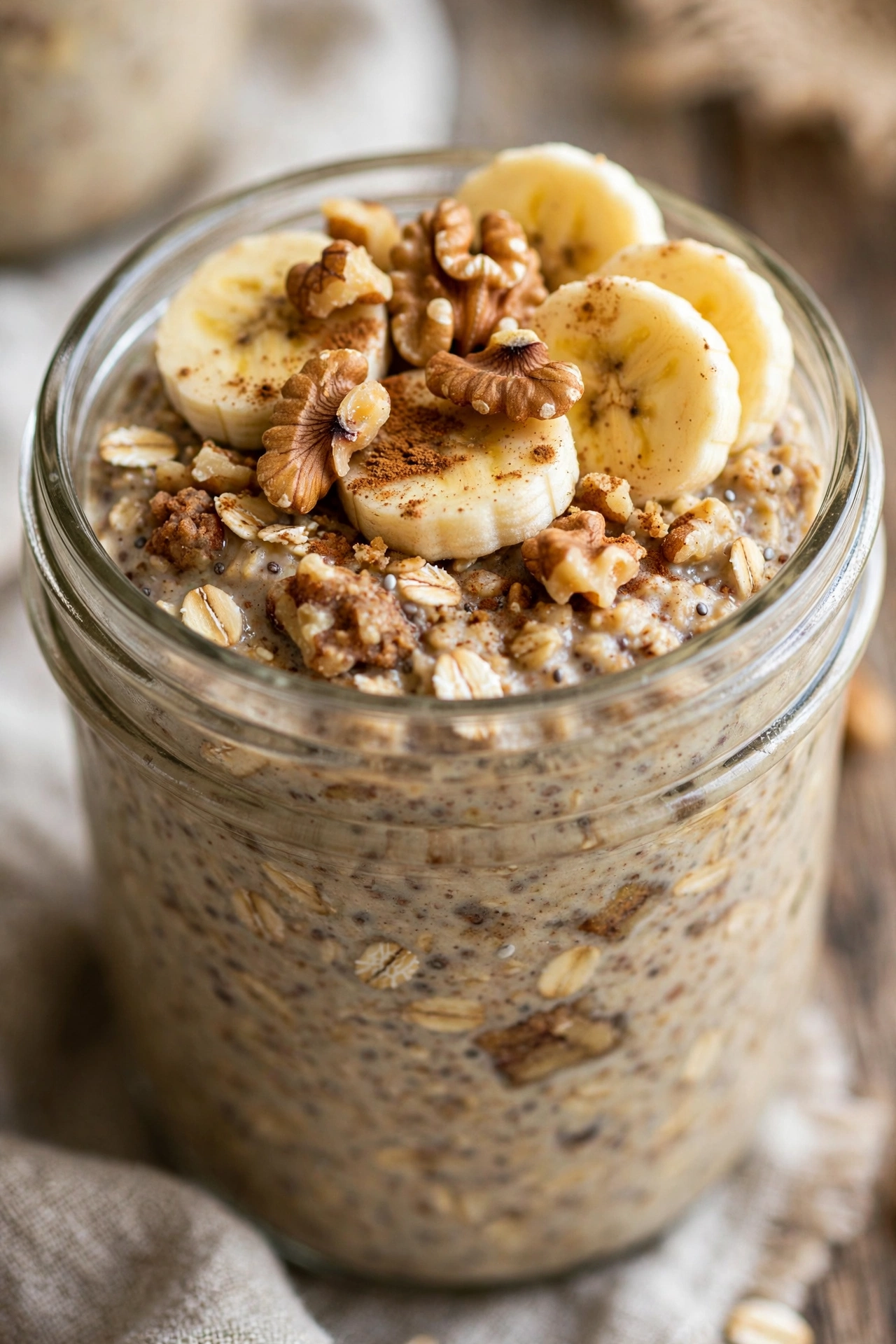 Banana bread overnight oats with walnuts and cinnamon