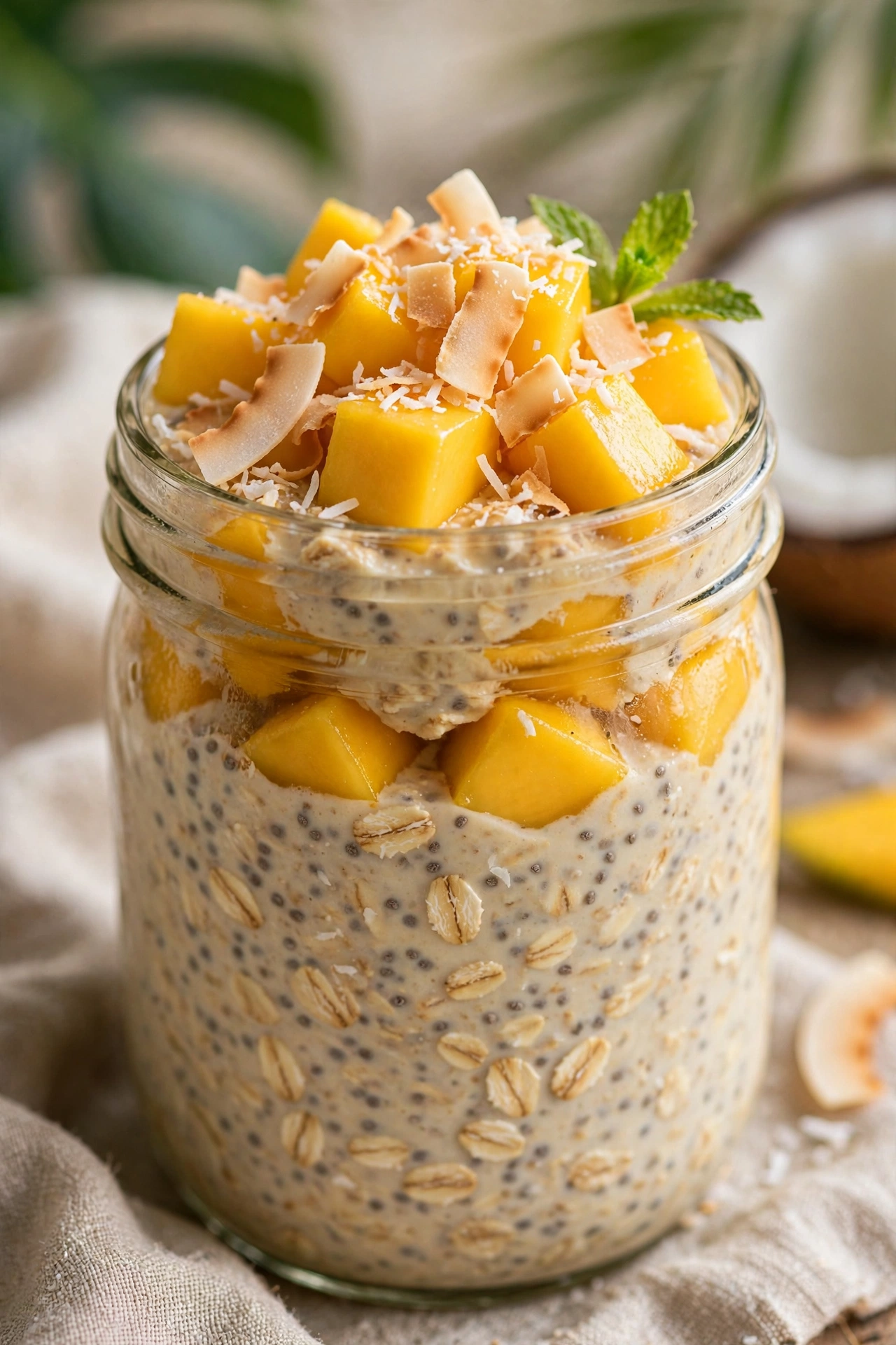 Mango coconut overnight oats tropical with coconut flakes