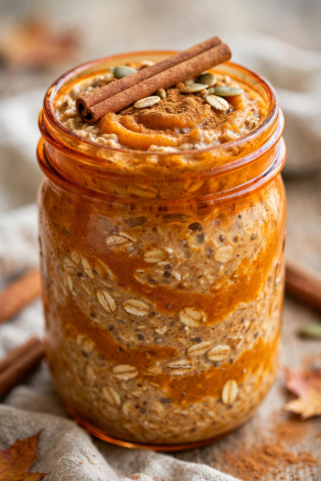 Pumpkin spice overnight oats orange with cinnamon