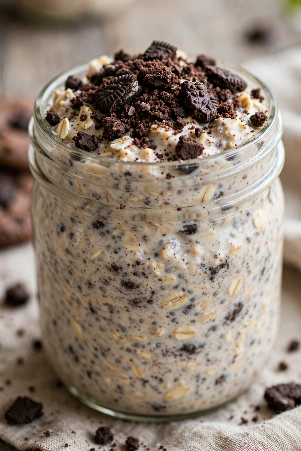 Cookies and cream overnight oats with cookie crumbles